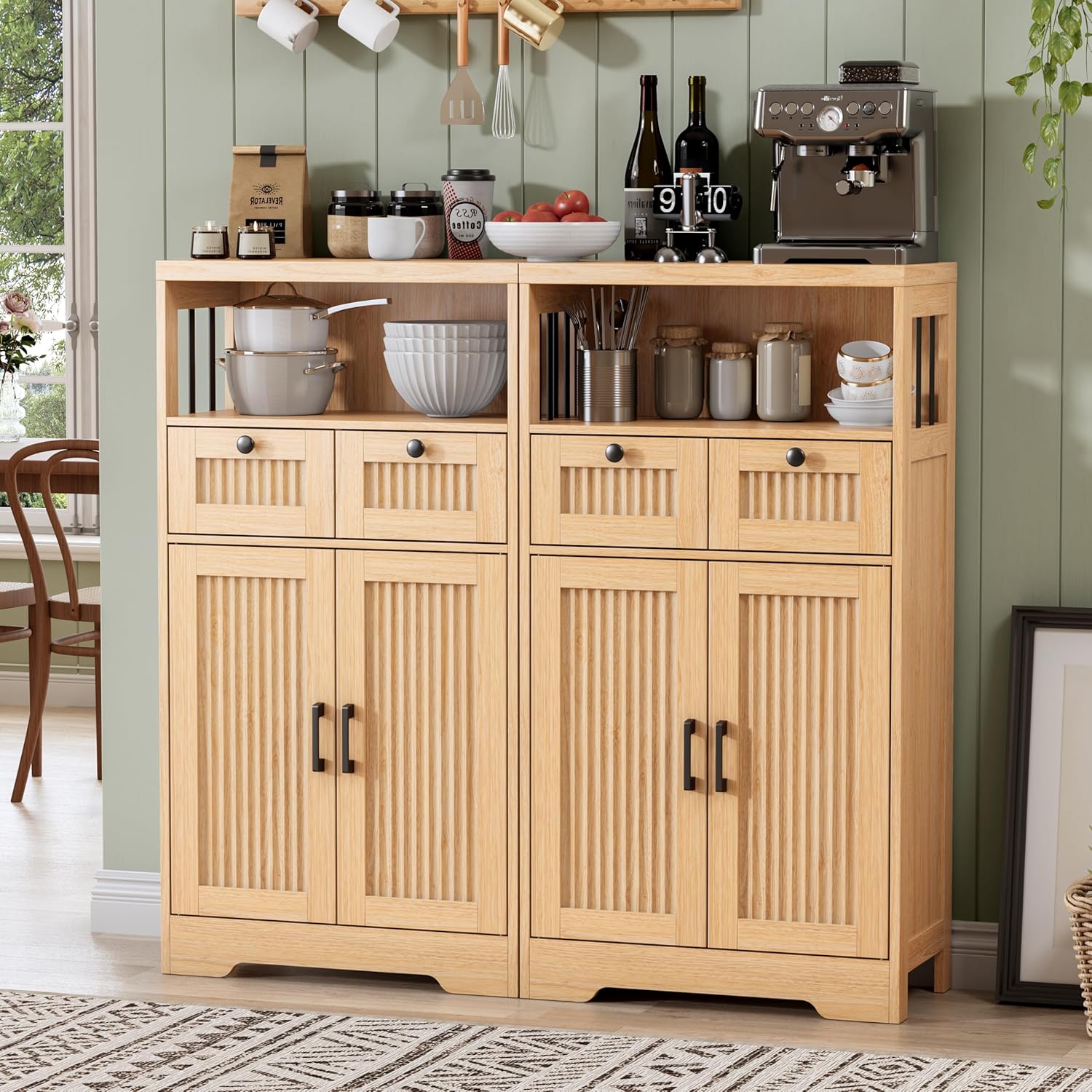 Buffet Cabinet, Fluted Sideboards with 2 Drawers and Doors, Open Compartment & Adjustable Shelf, Small Cabinet for Kitchen, Entryway, Natural Oak