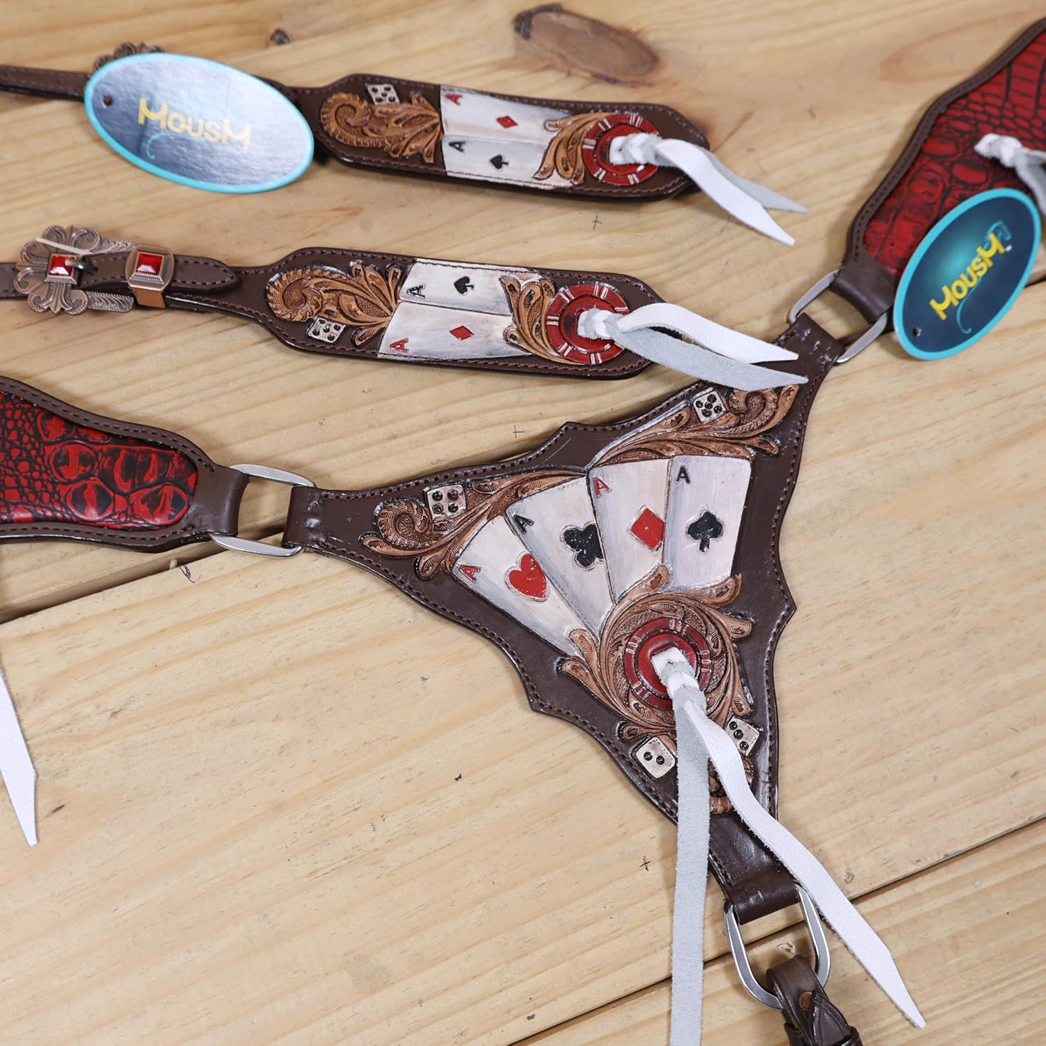 Western Headstall and Breast Collar Tack Set for Horses, Hand Painted Playing Card Design with Poker Chips and Alligator Print, Handmade Argentina Cow Leather