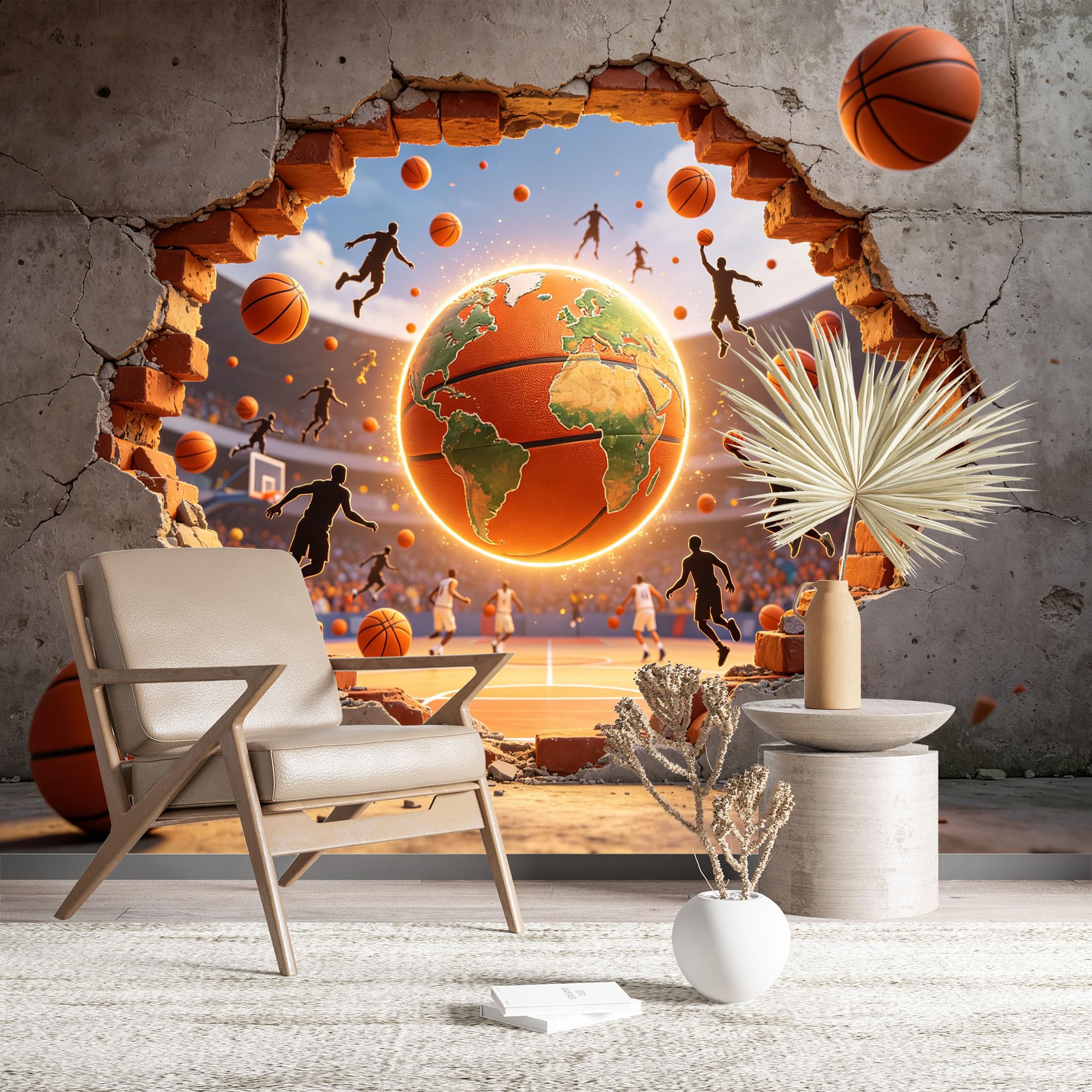 Custom Size Wall Murals Basketball World Through Broken Wall Wall Murals Sports Wallpaper Vivid Self-Adhesive Removable Wallpaper for Living Room Bedroom