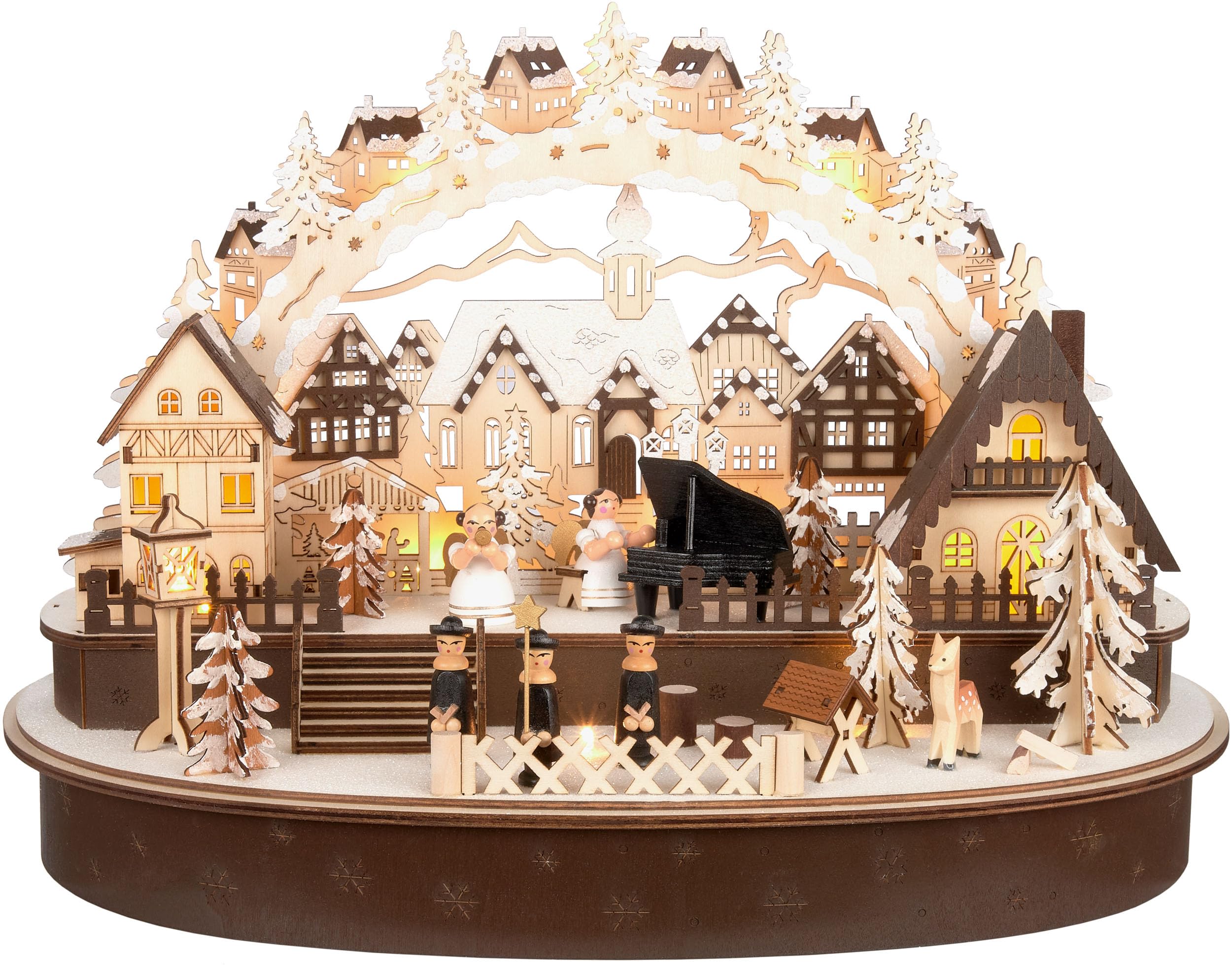 Brubaker 3D Lichterbogen - LED Schwibbogen - Das große Konzert im Weihnachtsdorf 2026 - Weihnachtsbeleuchtung aus Holz Natur - 31 x 45 x 22 cm - Handbemalte Weihnachtsdeko für Tisch & Fensterbank