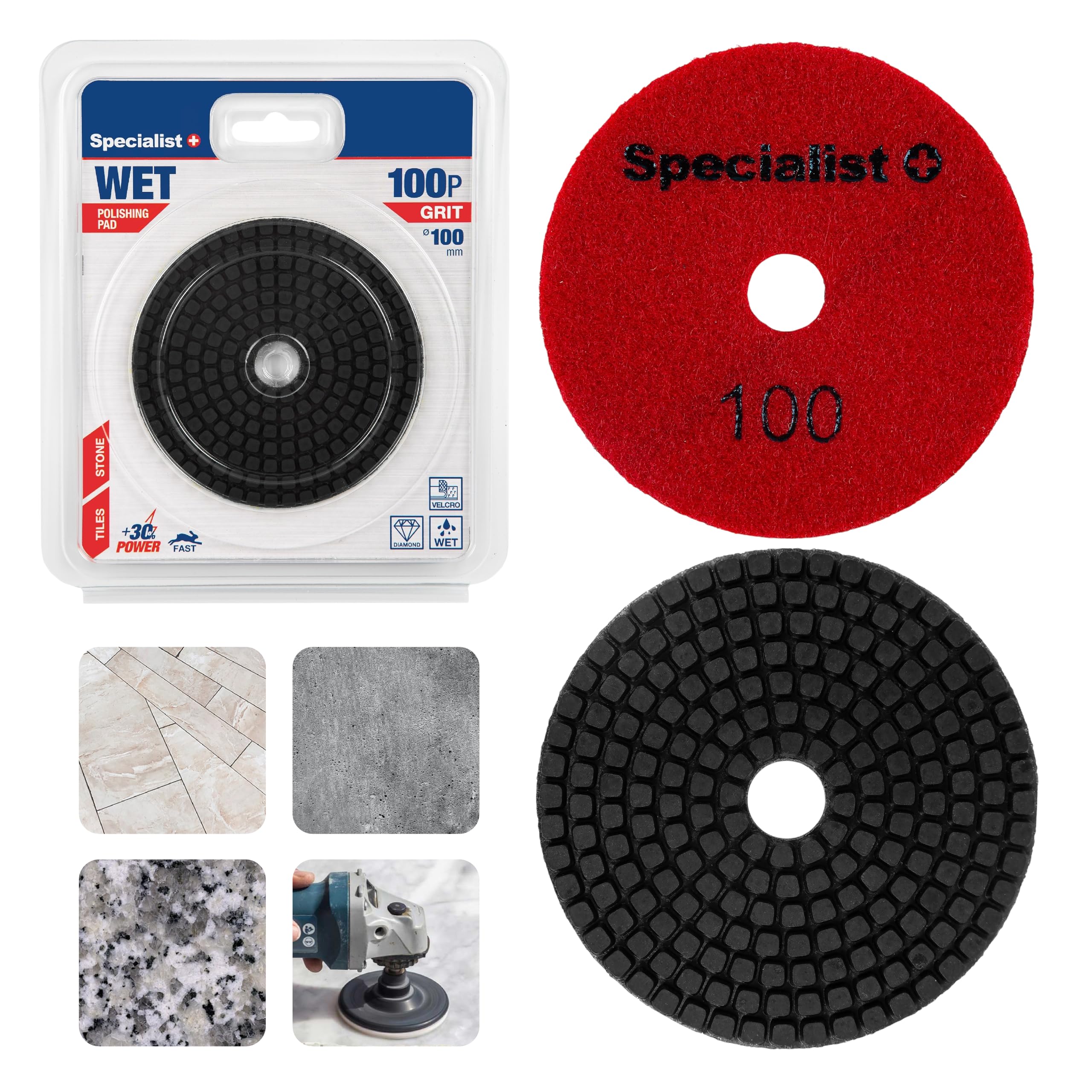 SPECIALIST+ Juego de corte de azulejos y pulido de diamante | Kit de 6 piezas con disco de lijadora angular de 125 mm, almohadilla de soporte de velcro y almohadillas de pulido húmedas de grano 50–400