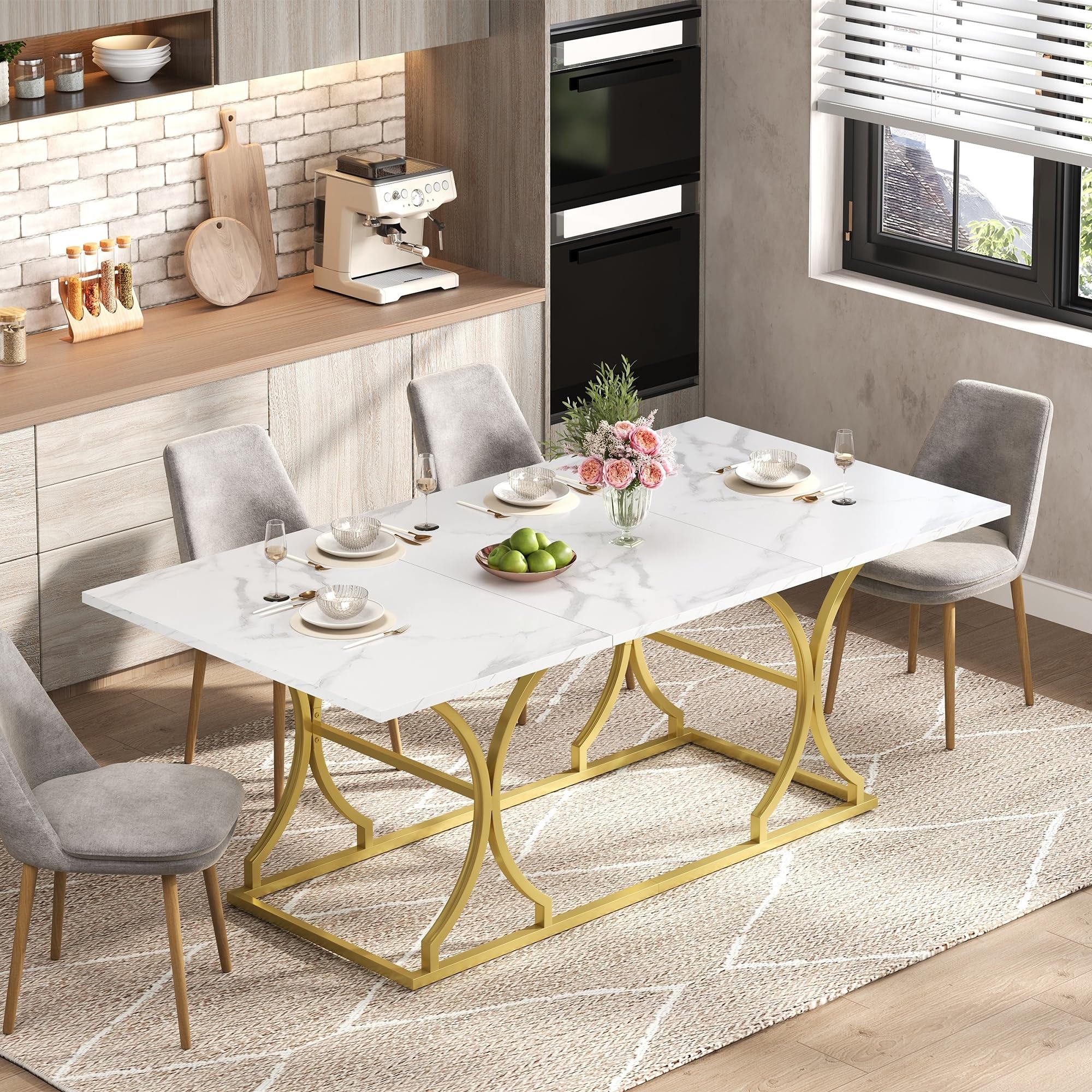 Tavolo da pranzo telescopico (200 x 80 x 76 cm), tavolo da pranzo allungabile, tavolo da cucina allungabile, salvaspazio, per cucina e soggiorno (bianco + oro)