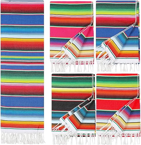 4 piezas de mantas mexicanas grandes y auténticas de color mexicano, manta de rayas mexicanas, manta de playa con flecos, manta de yoga de algodón