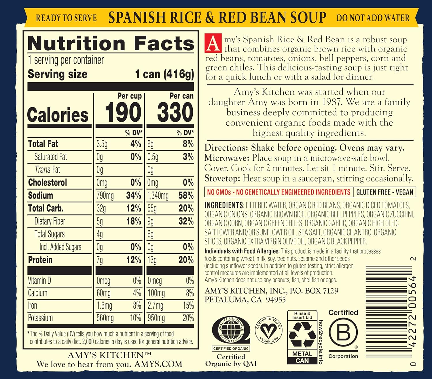 Amy’s, Vegan Hearty Spanish Rice and Red Bean Soup, Gluten Free, Made With Organic Vegetables, Canned Soup, 14.7 Oz (12 Pack)