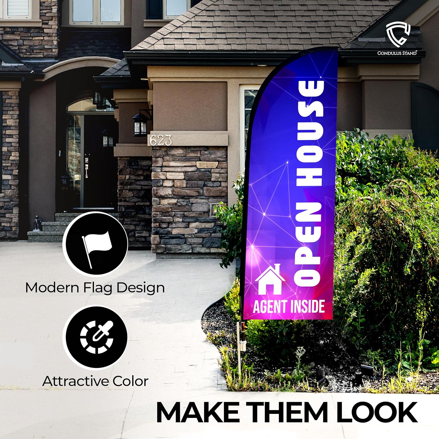Double Sided Open House Signs for Real Estate Supplies with Ground Spike & flag bag | Open House Flags for Real Estate Agent Supplies | Open House Feather Flag with Stake (Royal Blue & Pink)