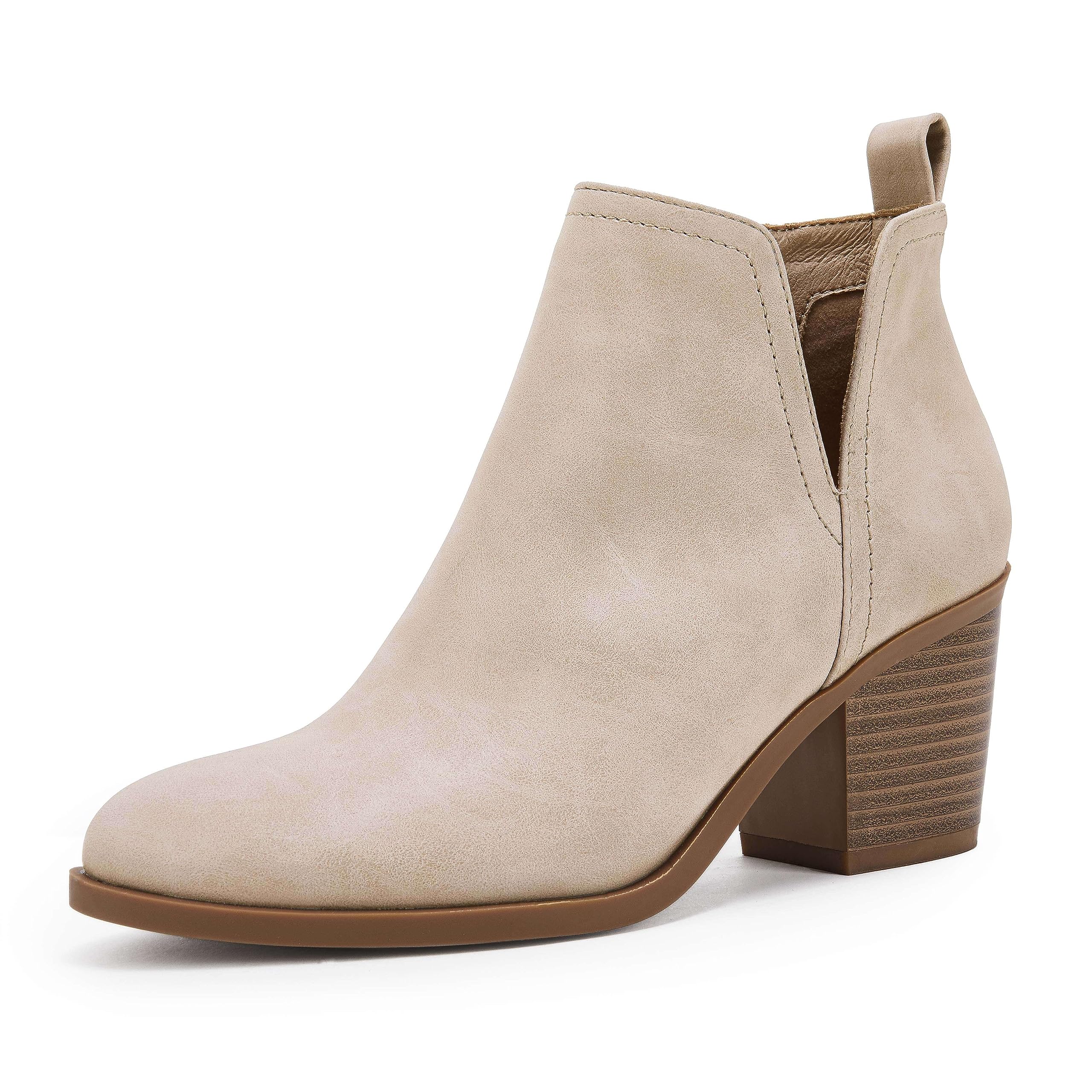 Coutgo Womens Cut Out Ankle Boots Chunky Stacked Heel Almond Toe Slip on Western Booties