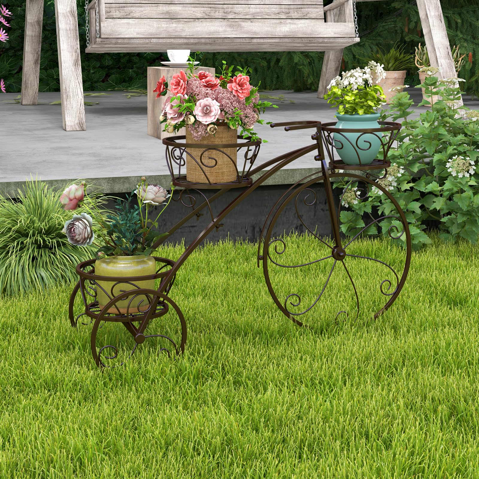 HOMASIS Support de Fleurs en Forme de Vélo, Échelle de Plantes en Métal avec 3 Niveaux, Jardinière pour Plantes, Style Vintage pour Jardin, Balcon, Bureau, Étagèrer, 85 x 25 x 50 cm, Bronze