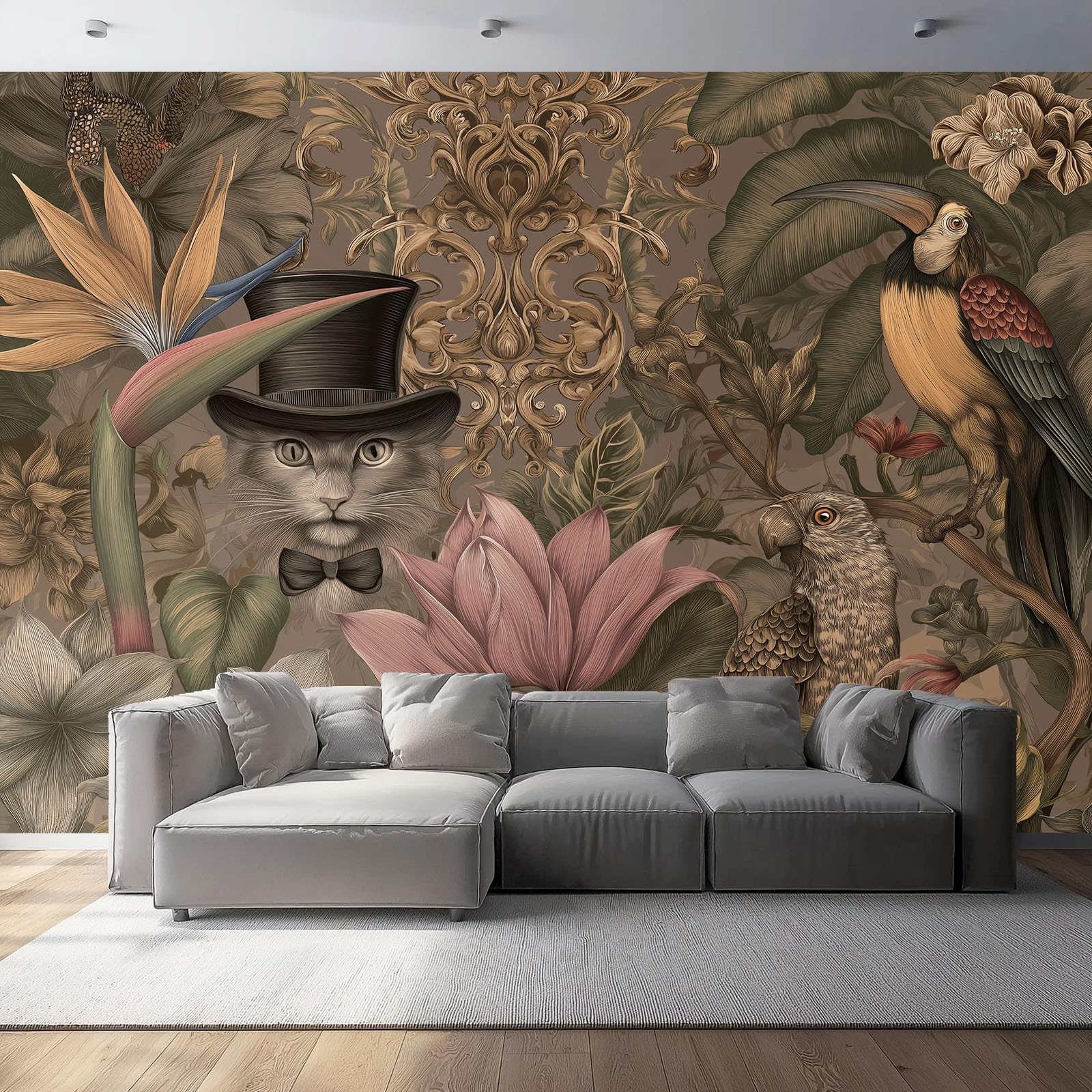 Wallpaper Fantasy Cat and Bird Brown and Pink Non-Woven Premium Art Print Fleece Wall Mural Decoration 400 x 280 cm Living Room Bedroom Home Decoration TV Backdrop Wall Brown Pink