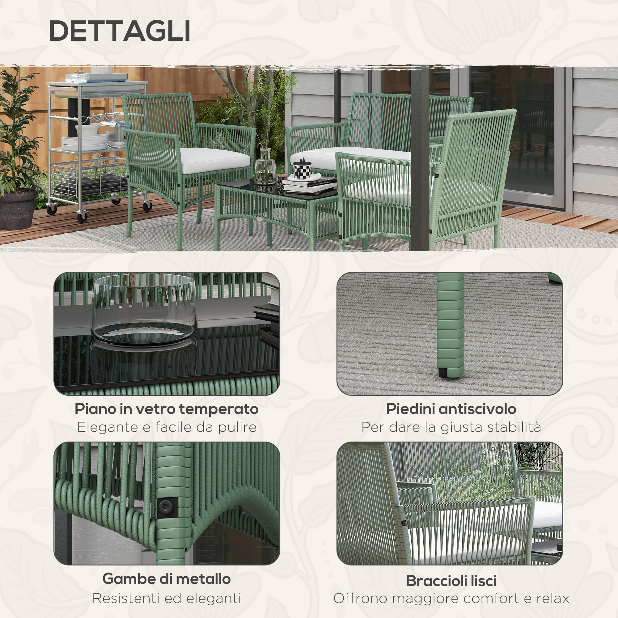 Outsunny Set da Giardino in Rattan 4 Pezzi, Poltrone e Divano e Tavolino, Verde e Nero