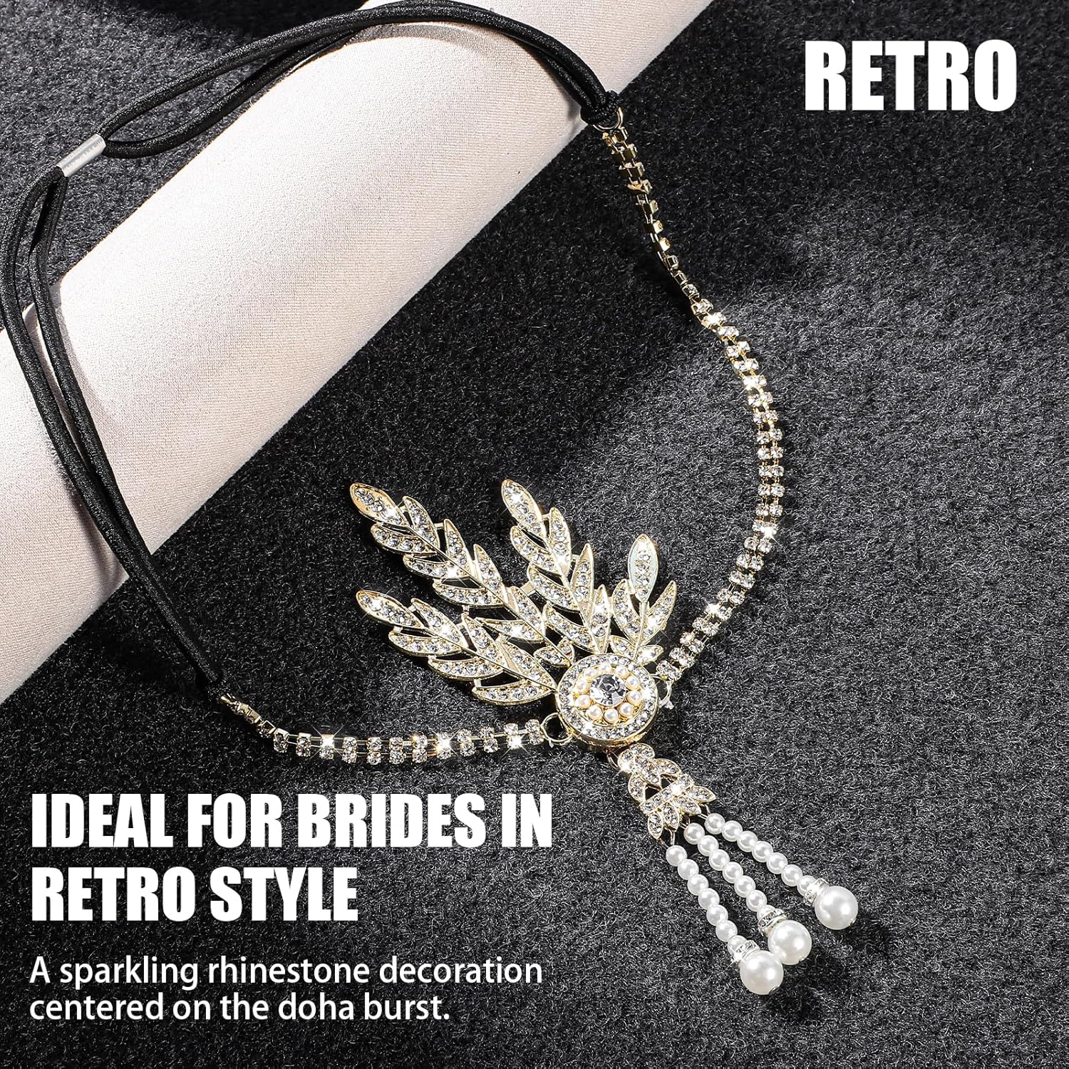 Yolev 1920's Flapper Headband Leaf Rhiestones Flapper Headpiece Pearl Tassel Head Bands Gold Headpiece Head Jewelry for Women Bride Wedding Parties Hair Accessories - Image 5