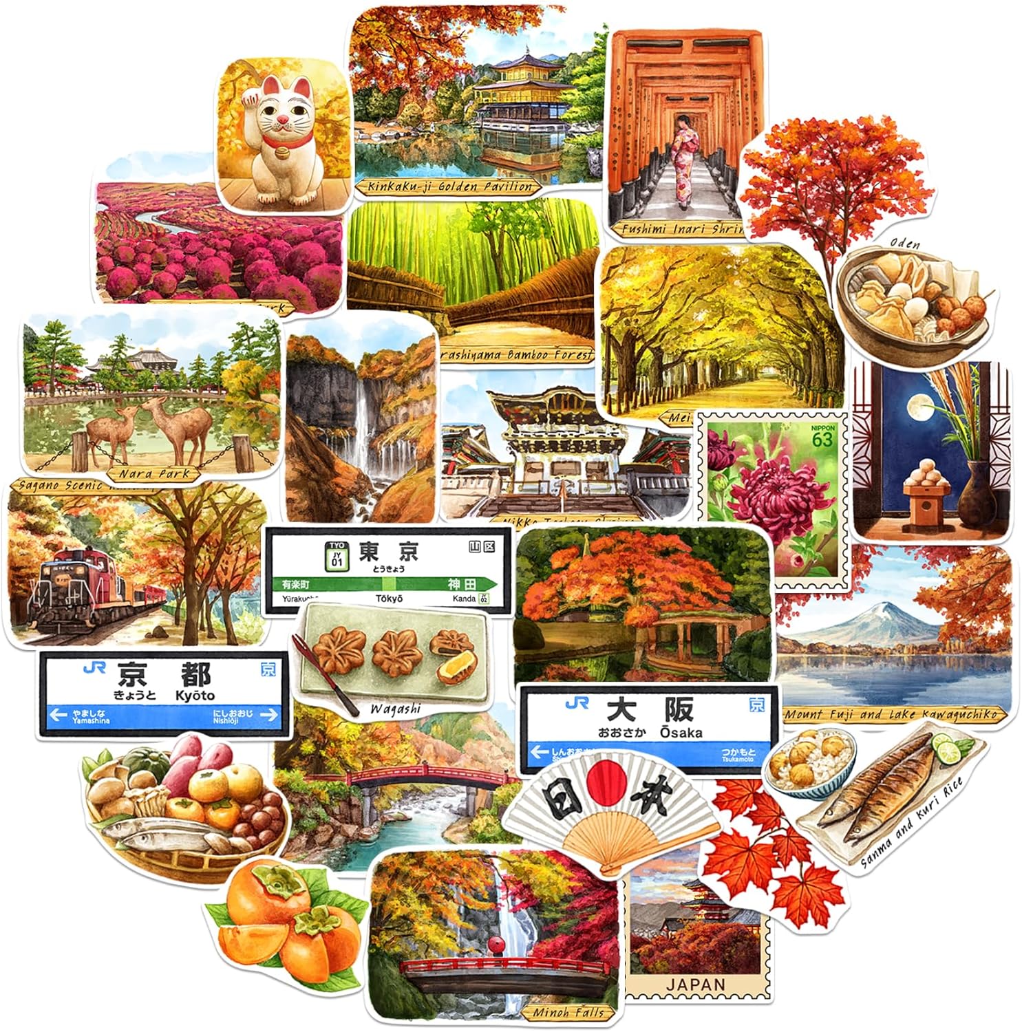 Navy Peony Autumn in Japan Travel Stickers (28pcs)Watercolor, Japanese