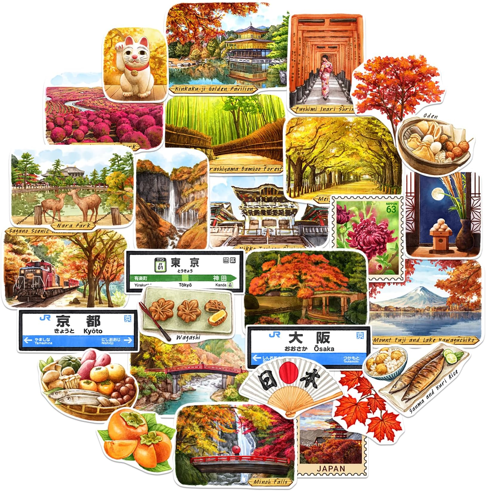 Navy Peony Autumn in Japan Travel Stickers (25pcs)-Watercolor, Japanese Maple, Fall Foliage-Themed Vacation Decals for Journals, Scrapbooks, Tumbler