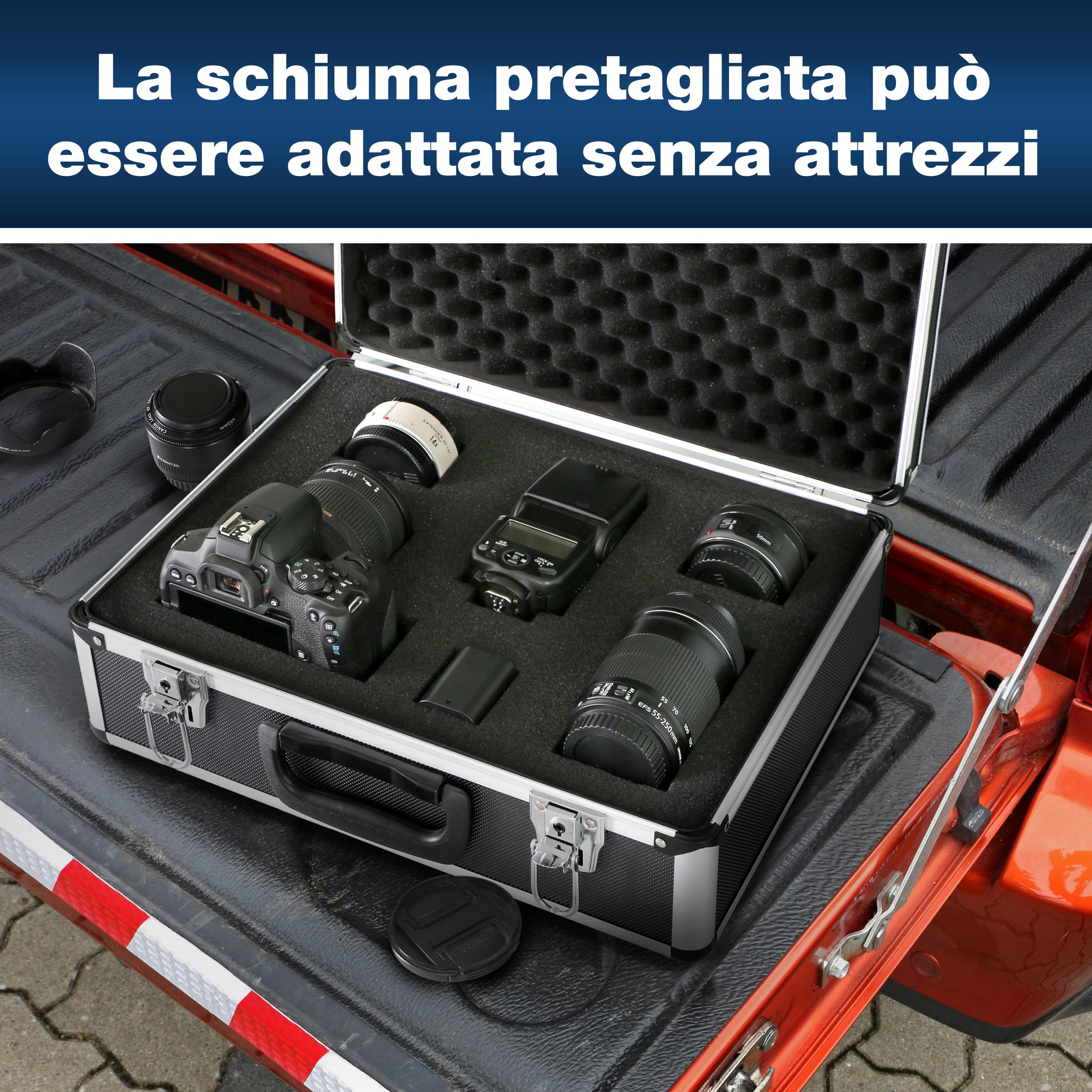 PeakTech 7305 - Custodia universale per strumenti di misura, Custodia in alluminio resistente, Vano porta attrezzi, Imbottitura in schiuma, Con lucchetto, Antipolvere, L - 405 x 330 x 150 mm