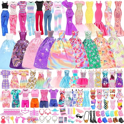 BARWA 57 Pack Doll Clothes and Accessories 5 Fashion Dresses 4 Tops 4 Pants Outfits 3 Wedding Gown Dresses 3 Swimsuits Bikini 5 Mini Dresses, 10 Hangers 15 Shoes Computer Cosmetic for 11.5 inch Doll