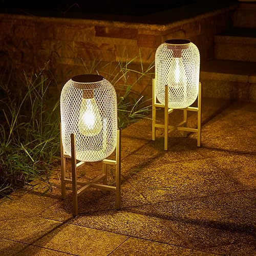 Miniatura 7 de Linterna solar para exteriores, impermeable, de metal blanco, hueco, luz solar para patio, jardín, cubierta, bombilla Edison amarilla cálida,