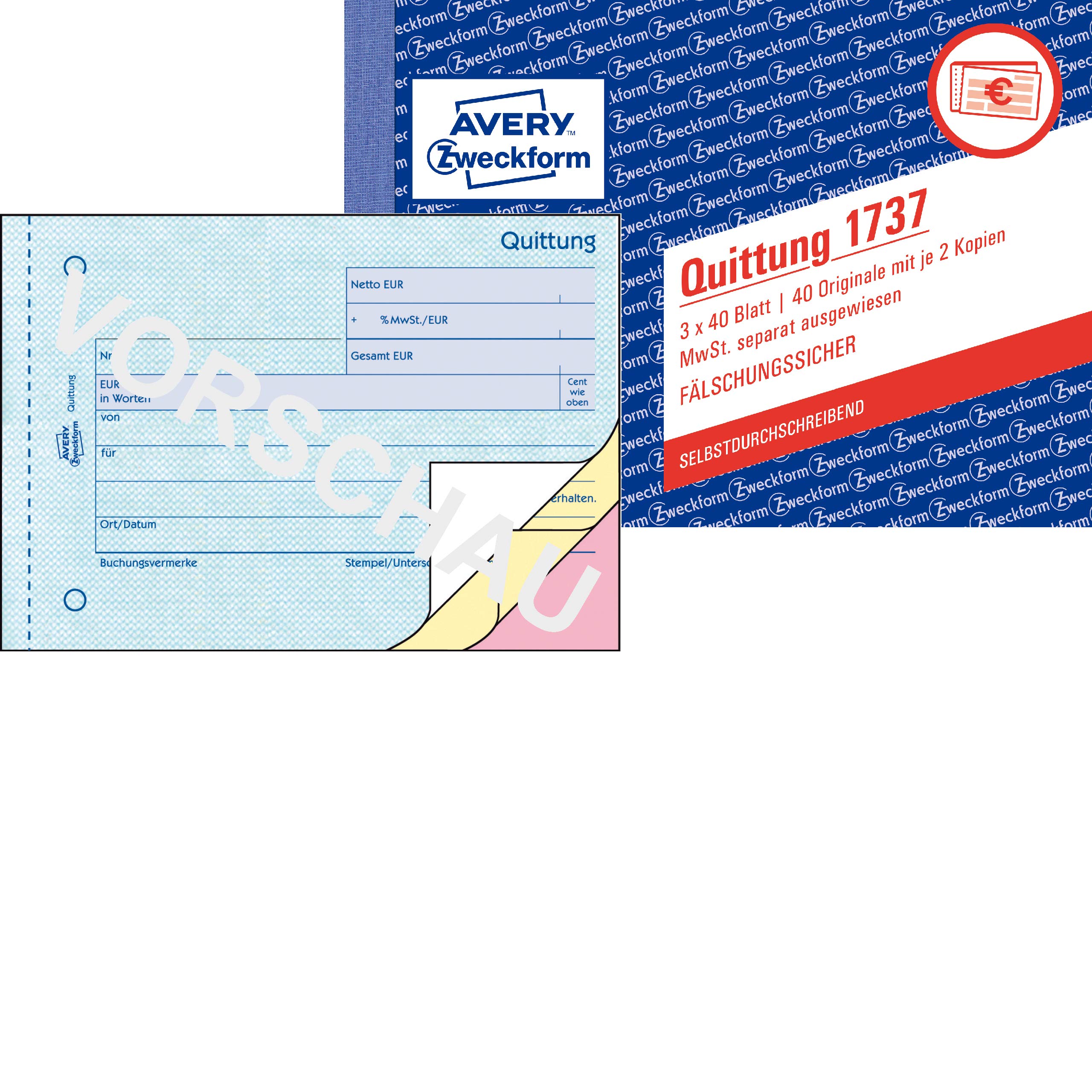 AVERY Zweckform 1737 Quittung MwSt. separat ausgewiesen (A6 quer, selbstdurchschreibend, 3x40 Blatt) weiß/gelb/rosa (10 Stück/selbstdurchschreibend, 3 x 40 Blatt)