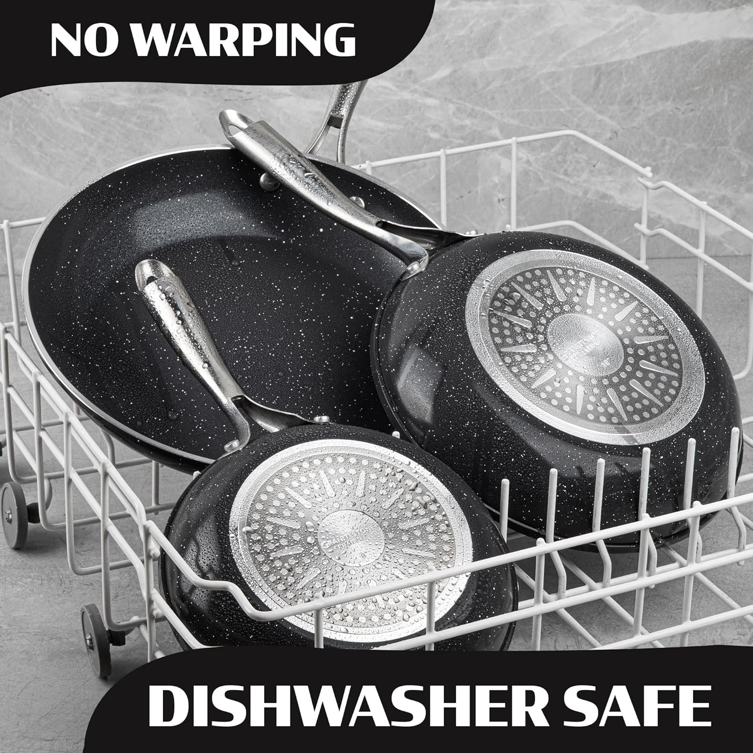 Granitestone Ceramic Nonstick Frying Pan Set 3pc 8/10/12 inch, Non Toxic Skillet Set, Induction Compatible, PFOA Free, Oven & Dishwasher Safe - Black - Image 7