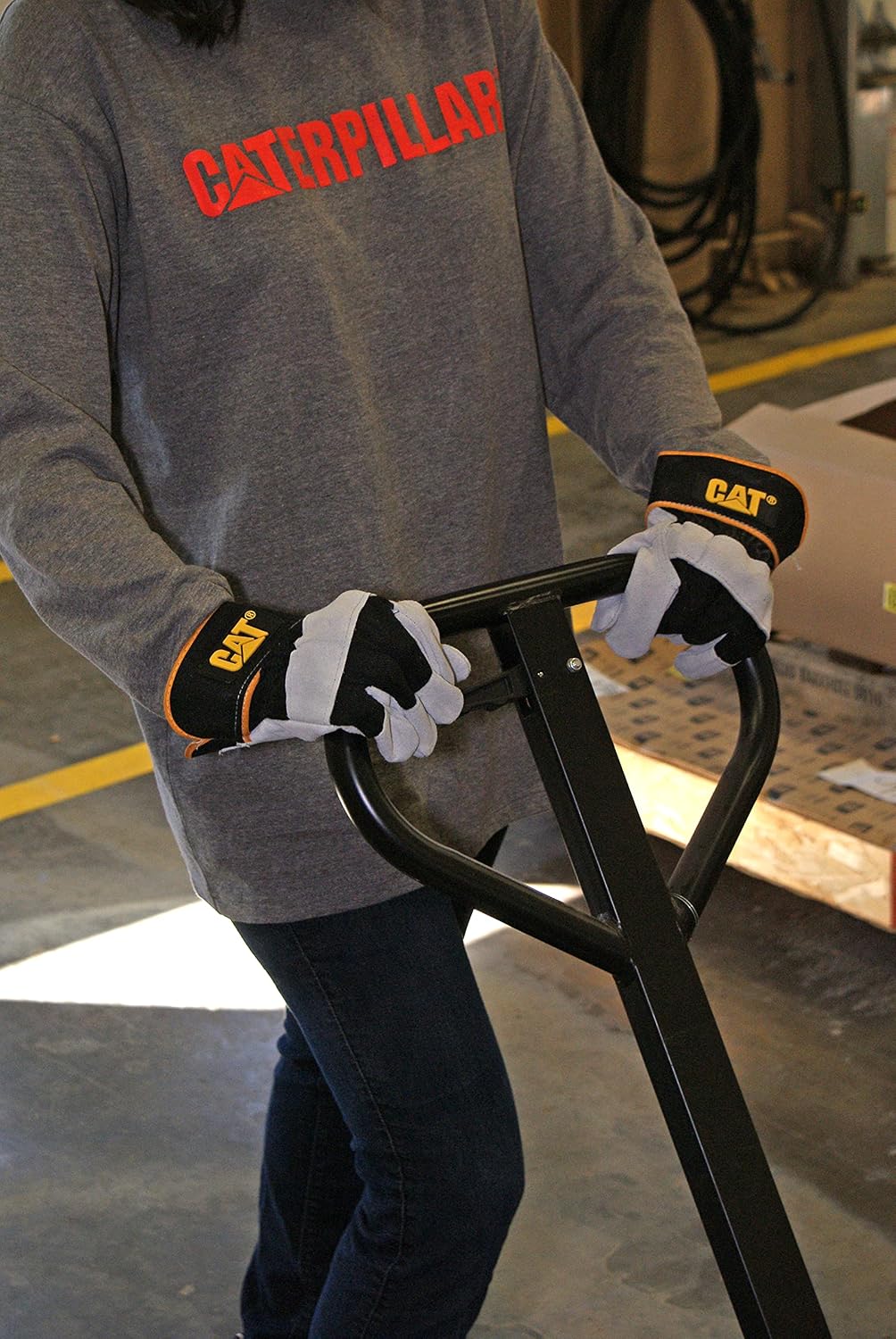 Cat® CAT013201L Standard Split Leather Palm Gloves – Gray, Large, Gunn-Cut, Jersey Lined Gloves with Rubberized Safety Cuffs
