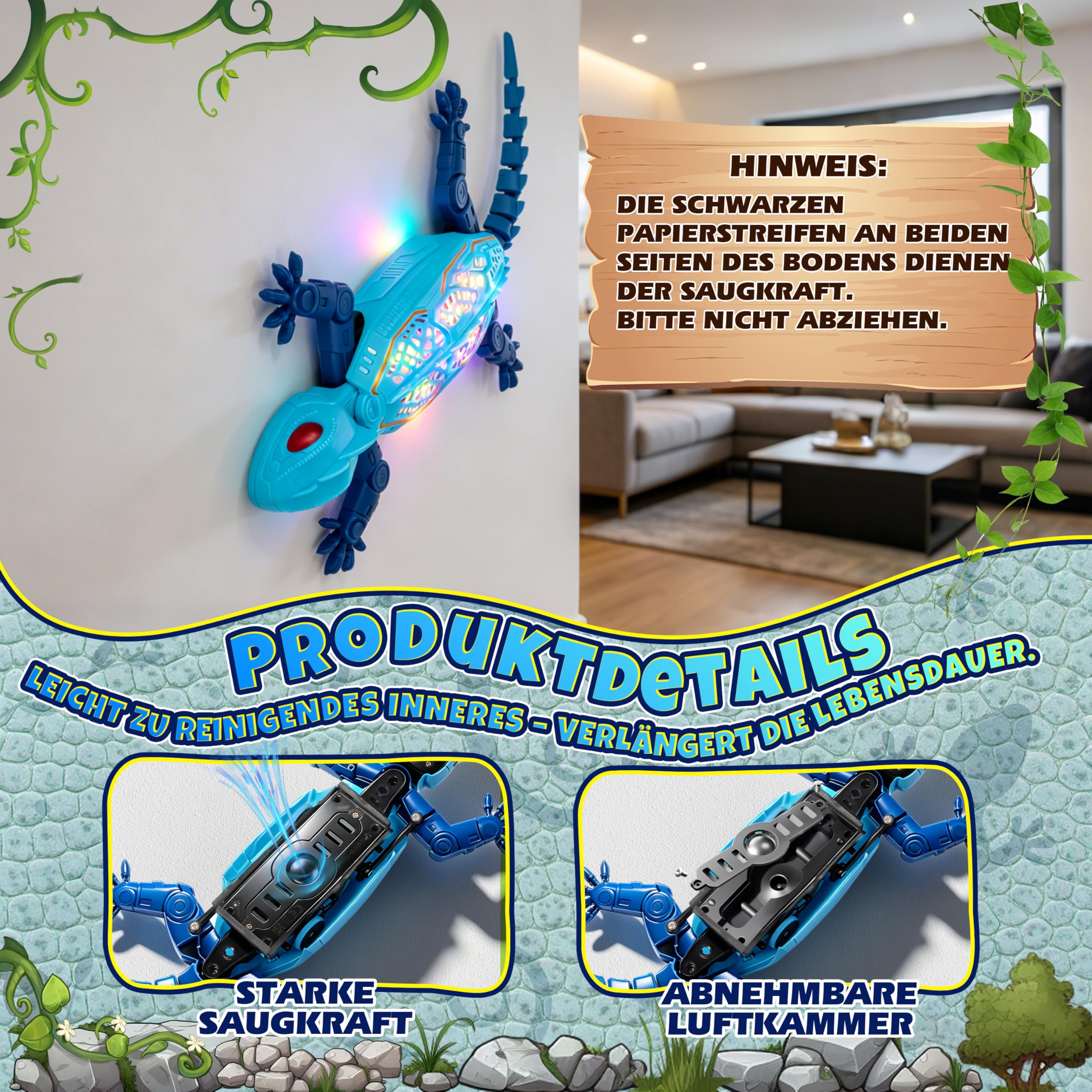 FORMIZON Gecko Wandflitzer mit 9 Beleuchtungsmodi, Ferngesteuerter Gecko an der Wand Spielzeug, Realistische Bewegungen, Interaktives Kinder Roboter Geschenk für Jungen Mädchen ab 3 Jahren (Blau)