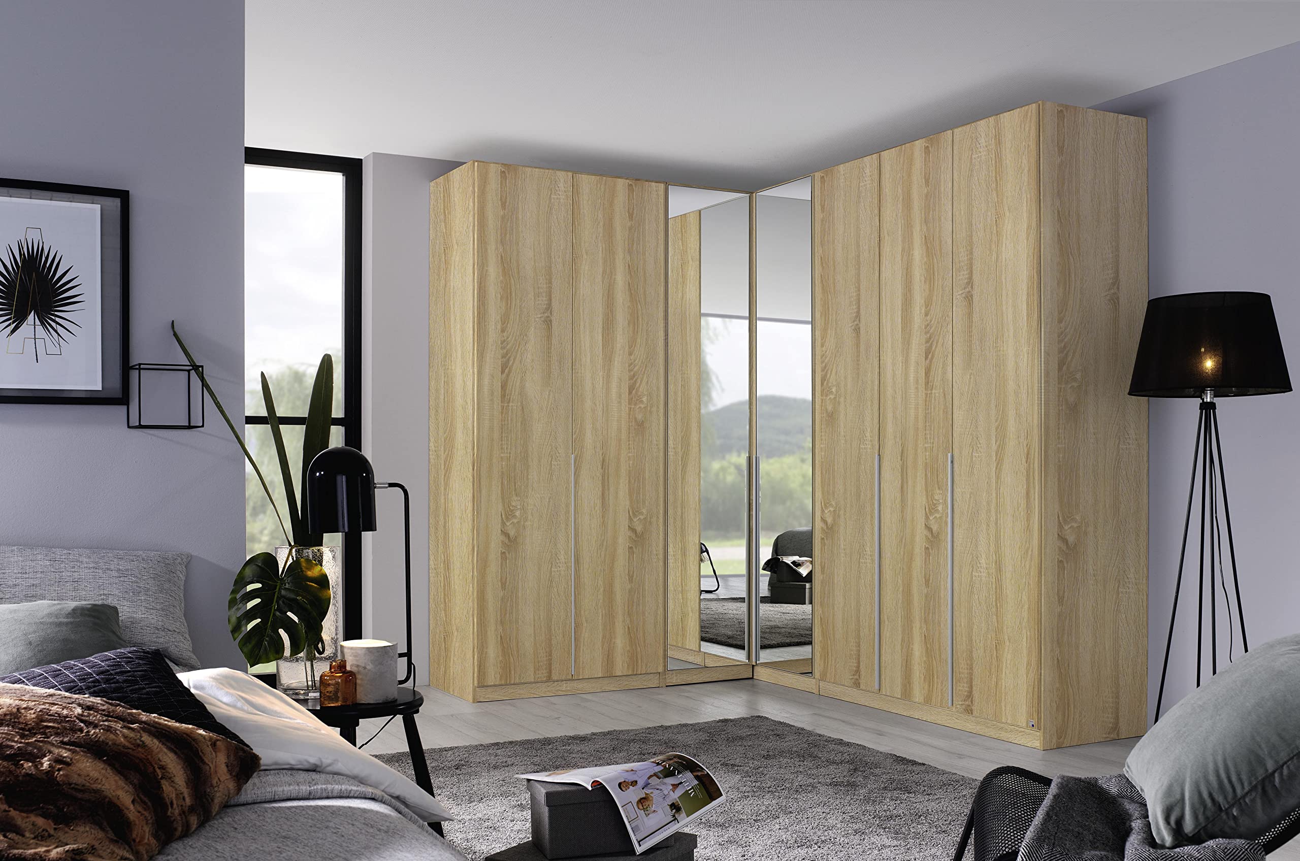 Armoire D'angle Alabama Chêne Sonoma Avec Miroir - 100x210x102 Cm - 2 Portes, 7 étagères, Tringle - Montage Facile - Fabrication Allemande