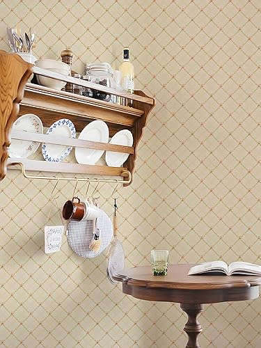 RollsRolla Papel tapiz a cuadros florales para despegar y pegar, color beige cálido, estilo rústico con delicadas flores rosadas, papel tapiz apto