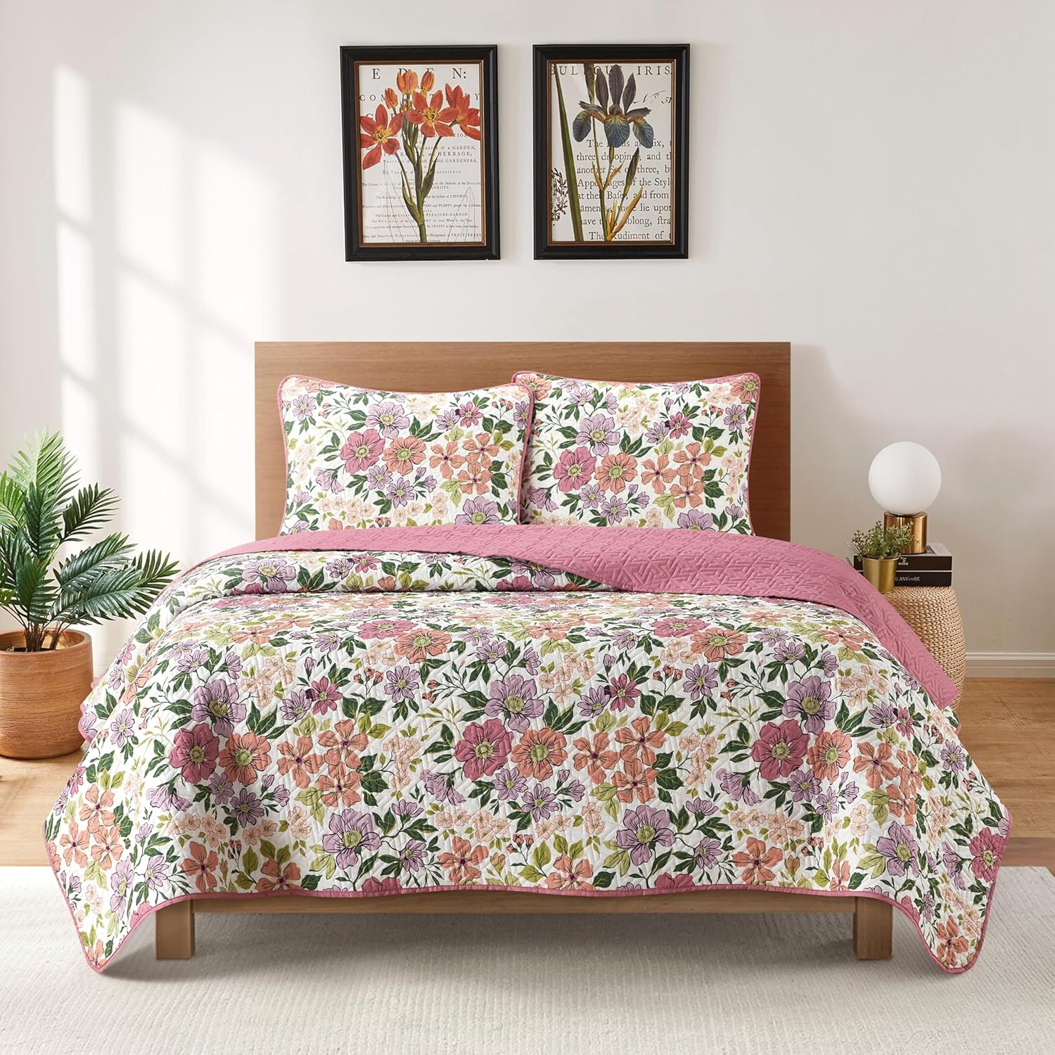 Stratford Park All Season Floral Printing 3 Piece Quilt Set, Queen Size Black White Quilt with Pillow Sham, Bedspreads & Coverlets