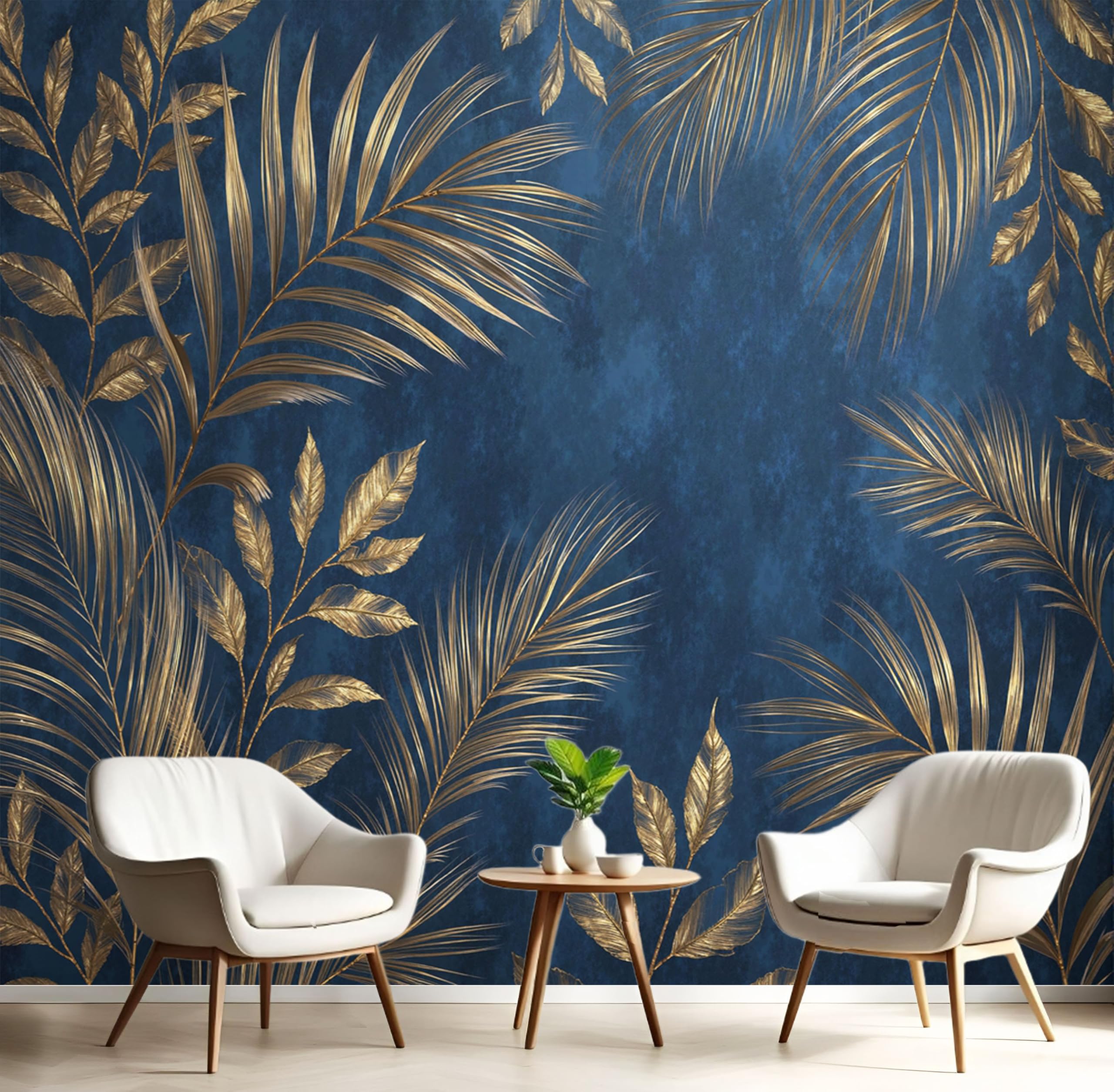 Papier peint panoramique bohème bleu foncé 250x175cm avec feuilles de palmier dorées XXL