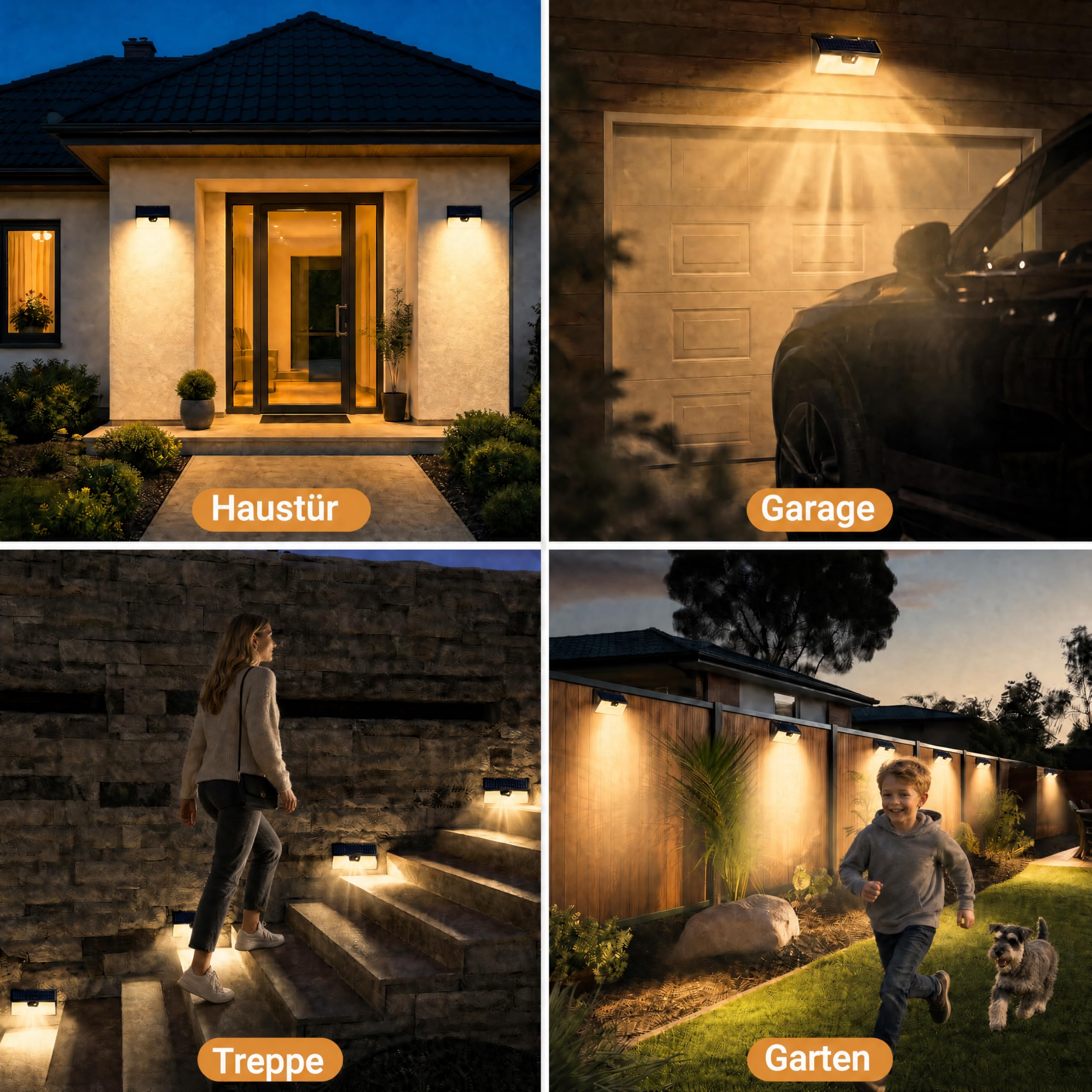 vighep Juego de 4 luces solares de seguridad para exteriores con sensor de movimiento, IP65, impermeables, inalámbricas, luces de pared PIR, para exteriores, jardín, patio, camino (blanco cálido)