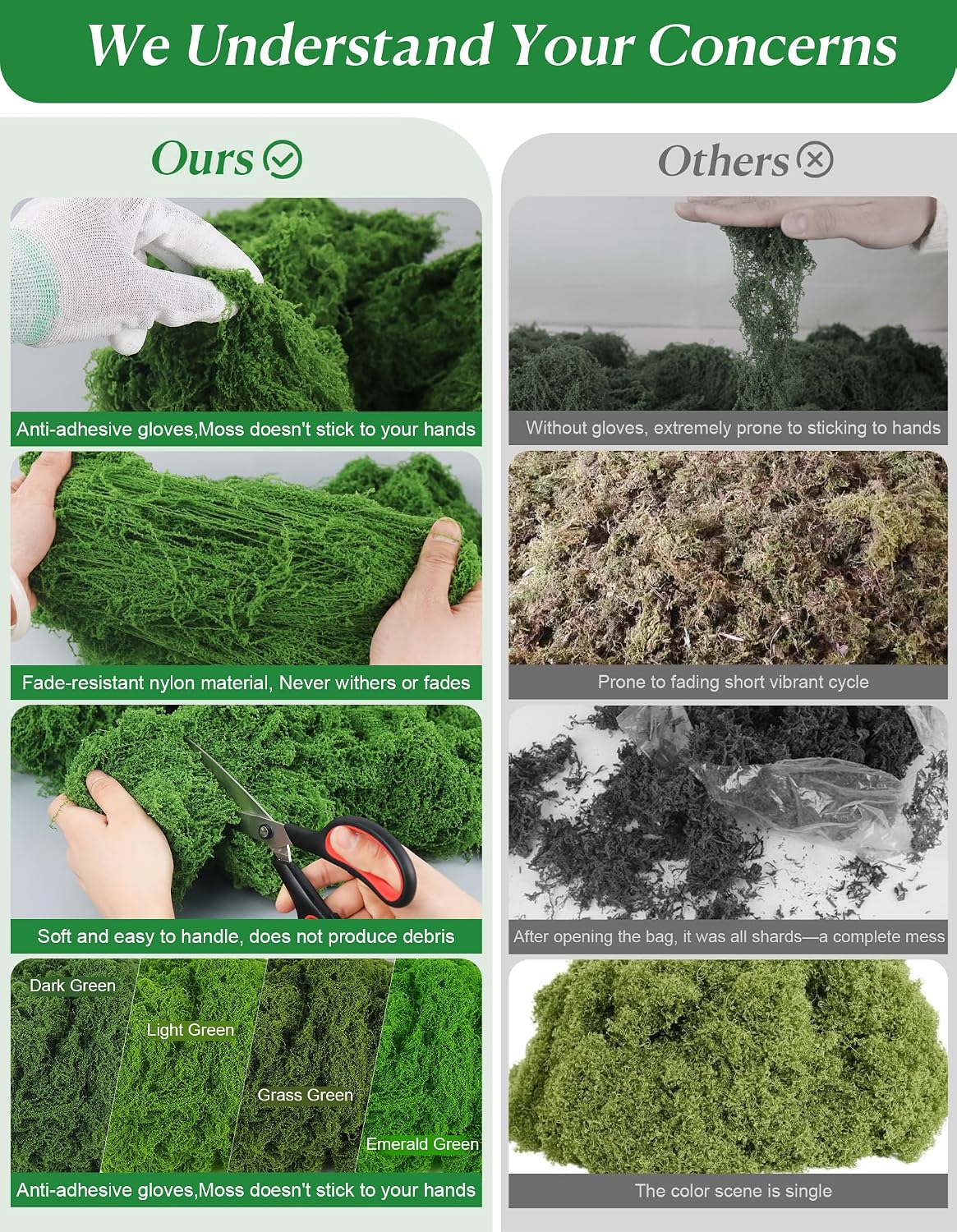 8oz Artificial Green Fake Moss for Crafts Decorating Indoor Plants Comes with Non-Stick Gloves and a Pair of Scissors，Faux Fairy Garden Decorative Floral Crafting Moss for Outdoor Planters