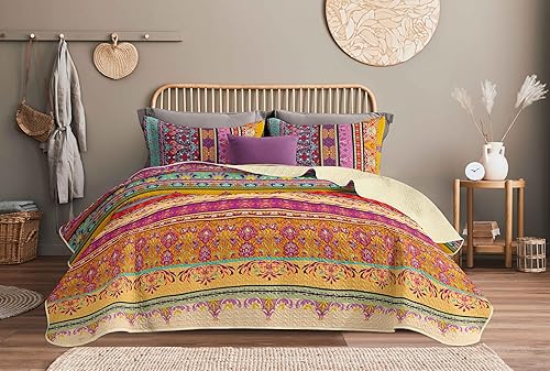 Miniatura 3 de Juego de edredón bohemio de 3 piezas tamaño matrimonialqueen de microfibra con 2 fundas de almohada, suave, ligero, colorido, bohemio, juego de