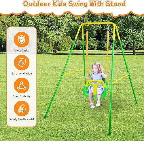 Miniatura 6 de Juego de columpios 3 en 1 para niños pequeños, columpio para bebé con soporte para jugar en interiores y exteriores, columpio plegable para bebé,