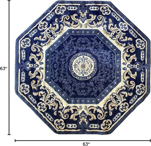 Miniatura 2 de Alfombra tradicional octágona, diseño azul marino, azul oscuro, beige, 101 (5 pies 3 pulgadas x 5 pies 3 pulgadas) Beige,Azul,Marrón,Borgoña,Azul