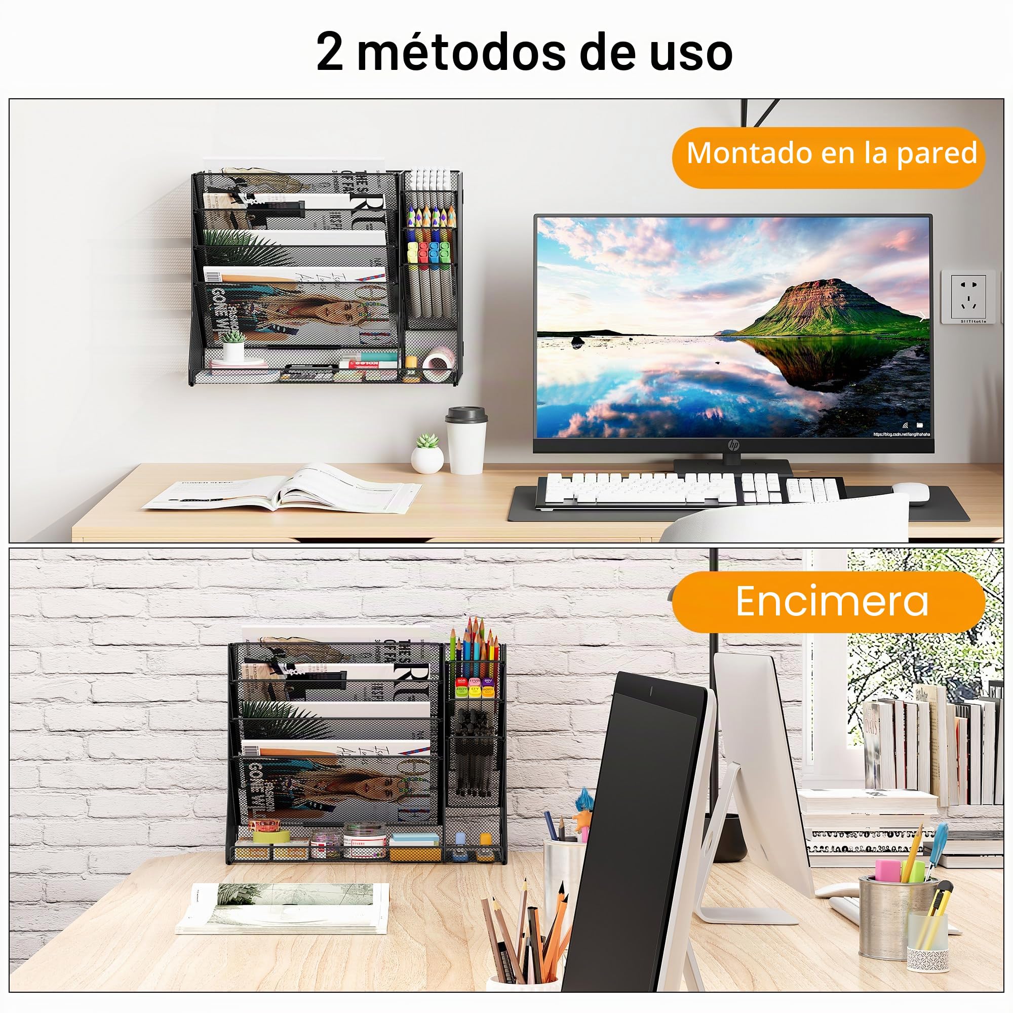 TQVAI 5 Compartimentos Malla Metálica Revistero Pared, de 3 compartimentos Portalapices, Documentos Organizador Papeles A4 Colgante Oficina Archivador de Organizador Herramientas Pared, Negro