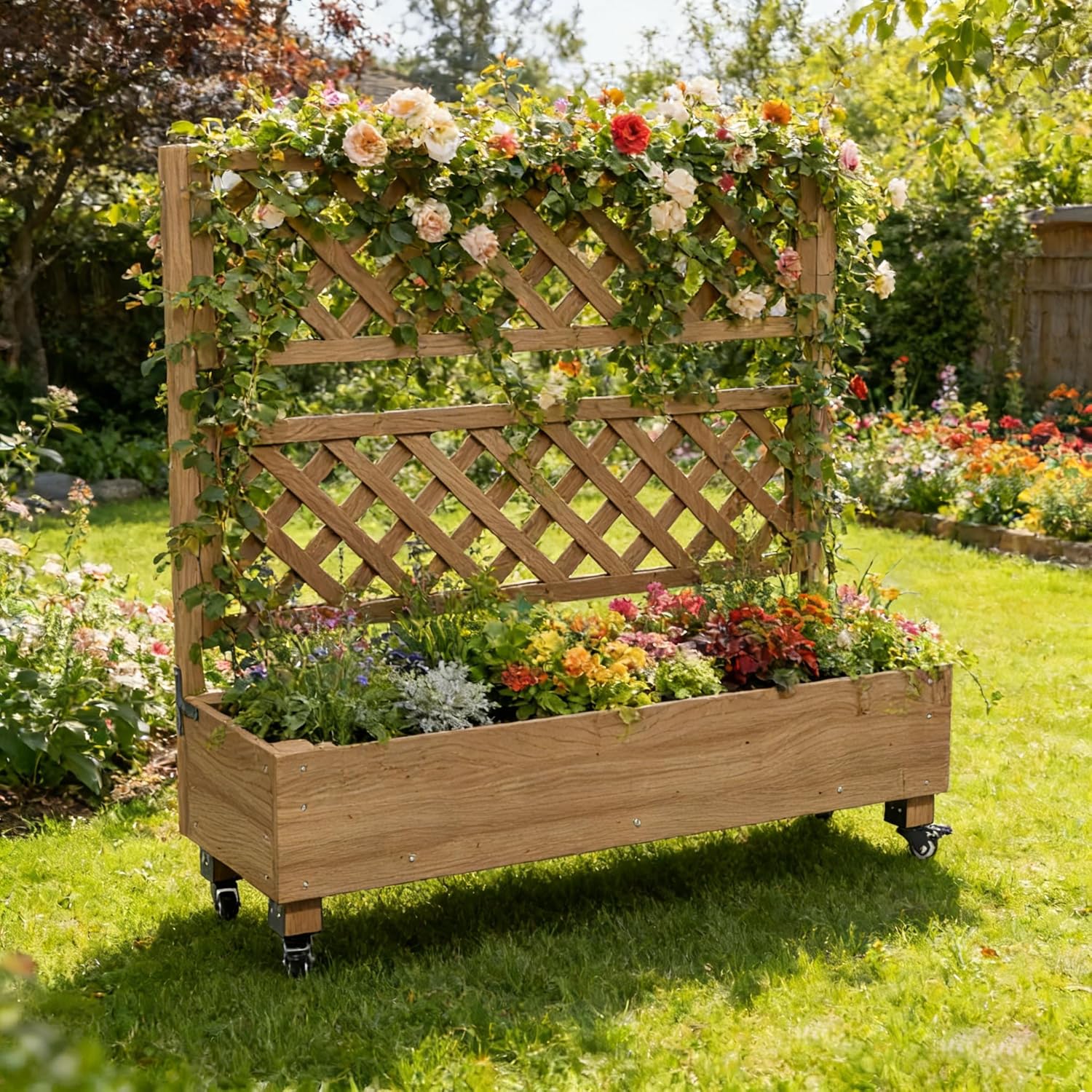 Raised Garden Beds Outdoor, Elevated Planter Box On Lockable Wheels with Standing Diamond Lattice Trellis, Bed Liner, Privacy Planter Box for Garden,Balcony, Patio Outside (Rhombic Grid)