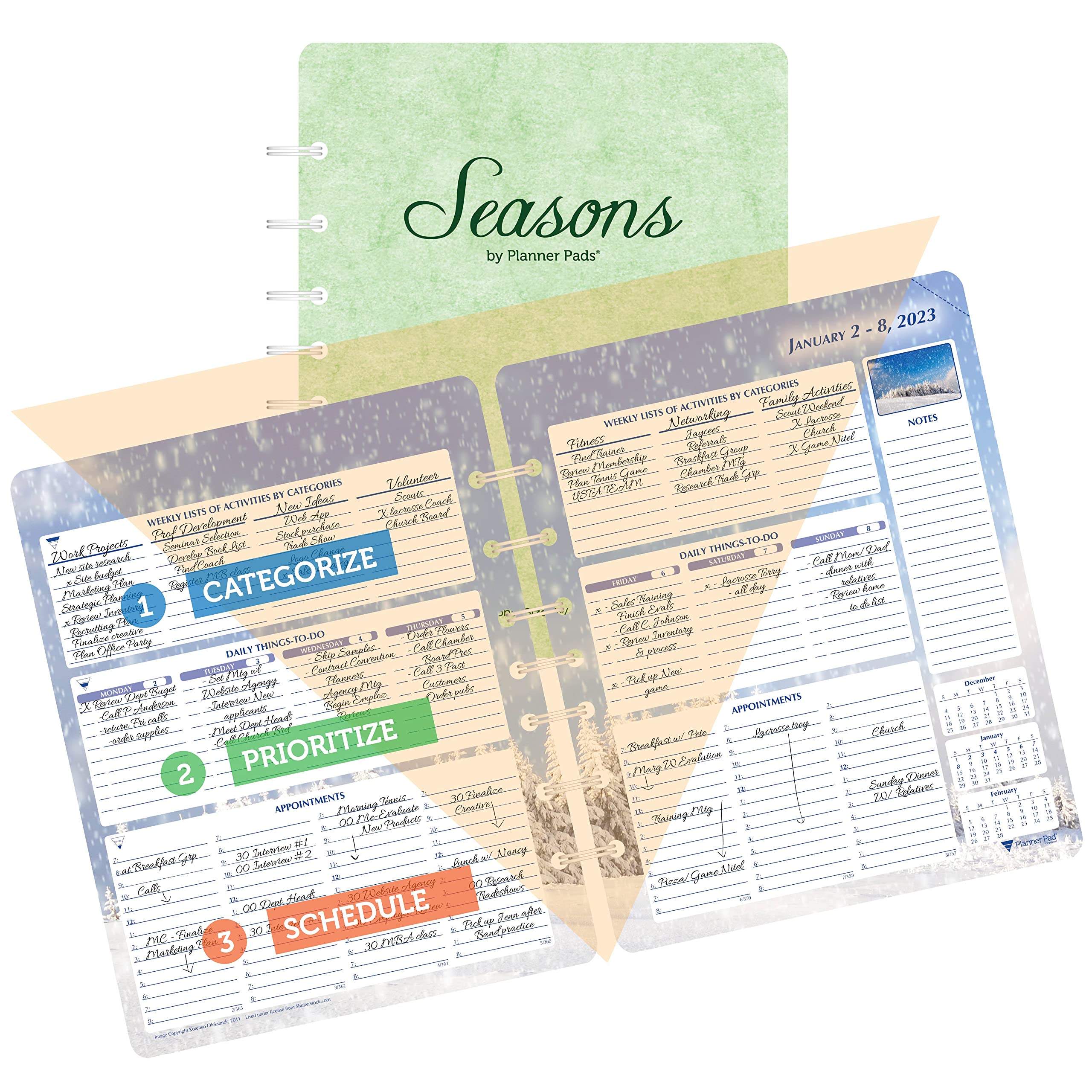 Planner Pad 7 Hole Loose Leaf 3-Tier Funnel Down 12 Month Organizer, Calendar Year (January - December 2023), Seasonal Color Ink, 6 3/4" x 8 1/2"