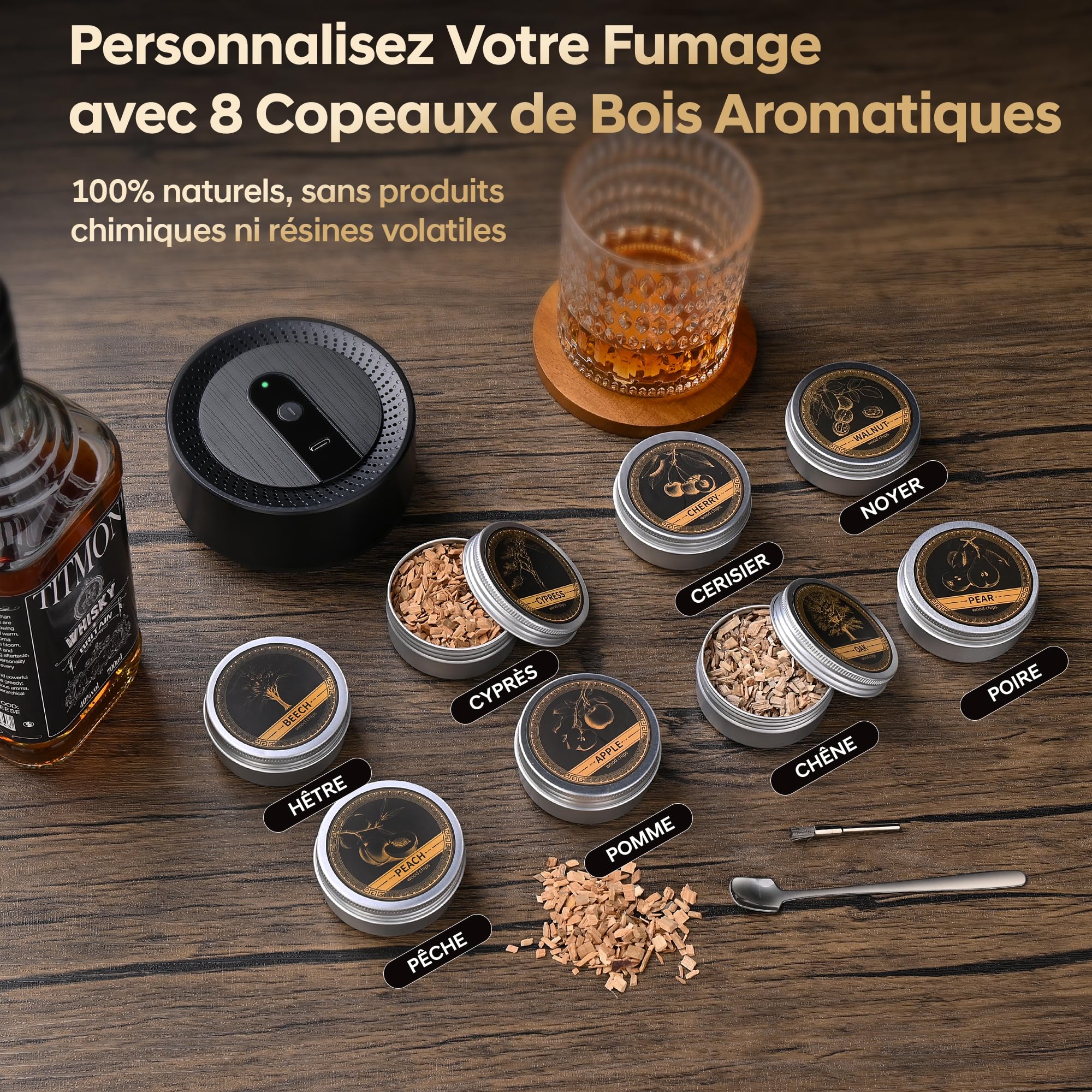 Kit Fumoir à Cocktail Électrique, Fumoir à Whisky à l'ancienne avec 8 Copeaux de Bois, Rechargeable USB-C sans Flamme pour Boissons, Bourbon, Cocktails, Vin, Café, Fromage, Cadeau Homme