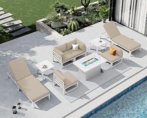 Miniatura 256 de NICESOUL 7 Piece White Powder-Coated Aluminum Patio Furniture with Fire Pit Table, 29 Inch Extra Wide Outdoor Sectional Sofa for 6, High-End Heavy