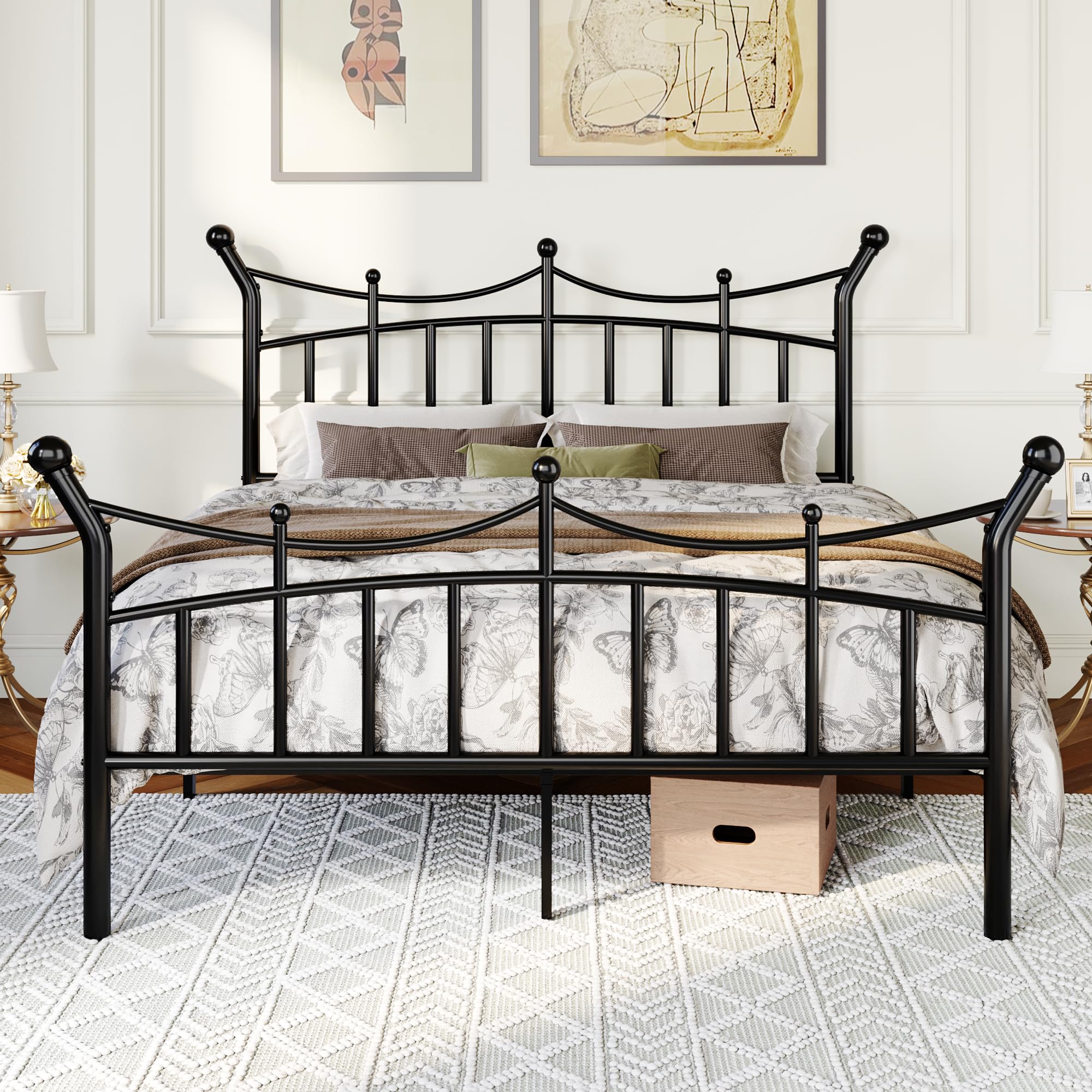 Allewie 14 Inches Queen Size Metal Platform Bed Frame with Elegant Crown Iron-Art Headboard & Footboard, Sturdy Mattress Foundation with Under-Bed Storage, Easy Assembly, No Box Spring Needed, Black