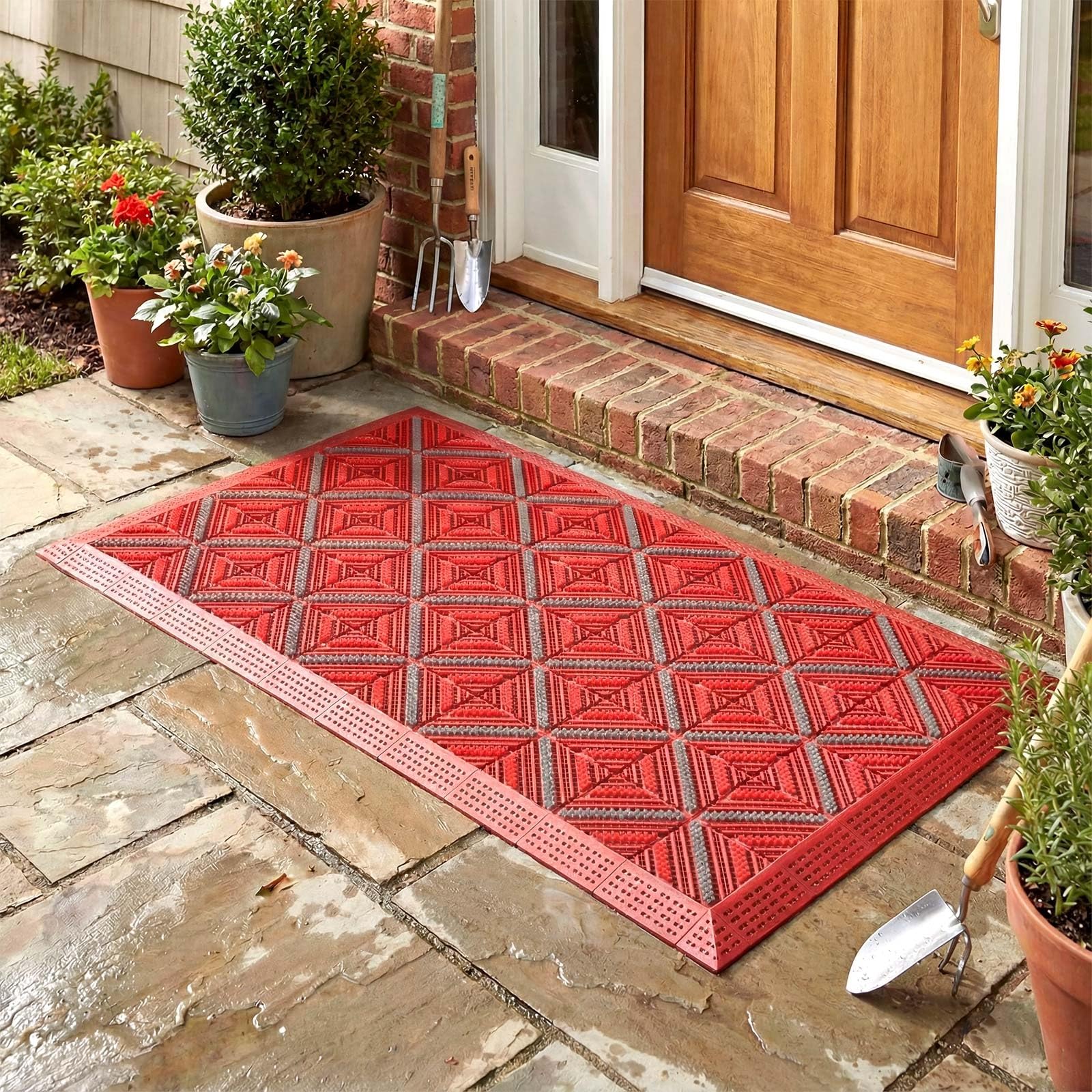 Paillasson d'entrée avec carreaux emboîtables et brosse, durable, robuste, antidérapant, intérieur/extérieur, toutes saisons, facile à nettoyer pour garage, terrasse, entrée à grande circulation