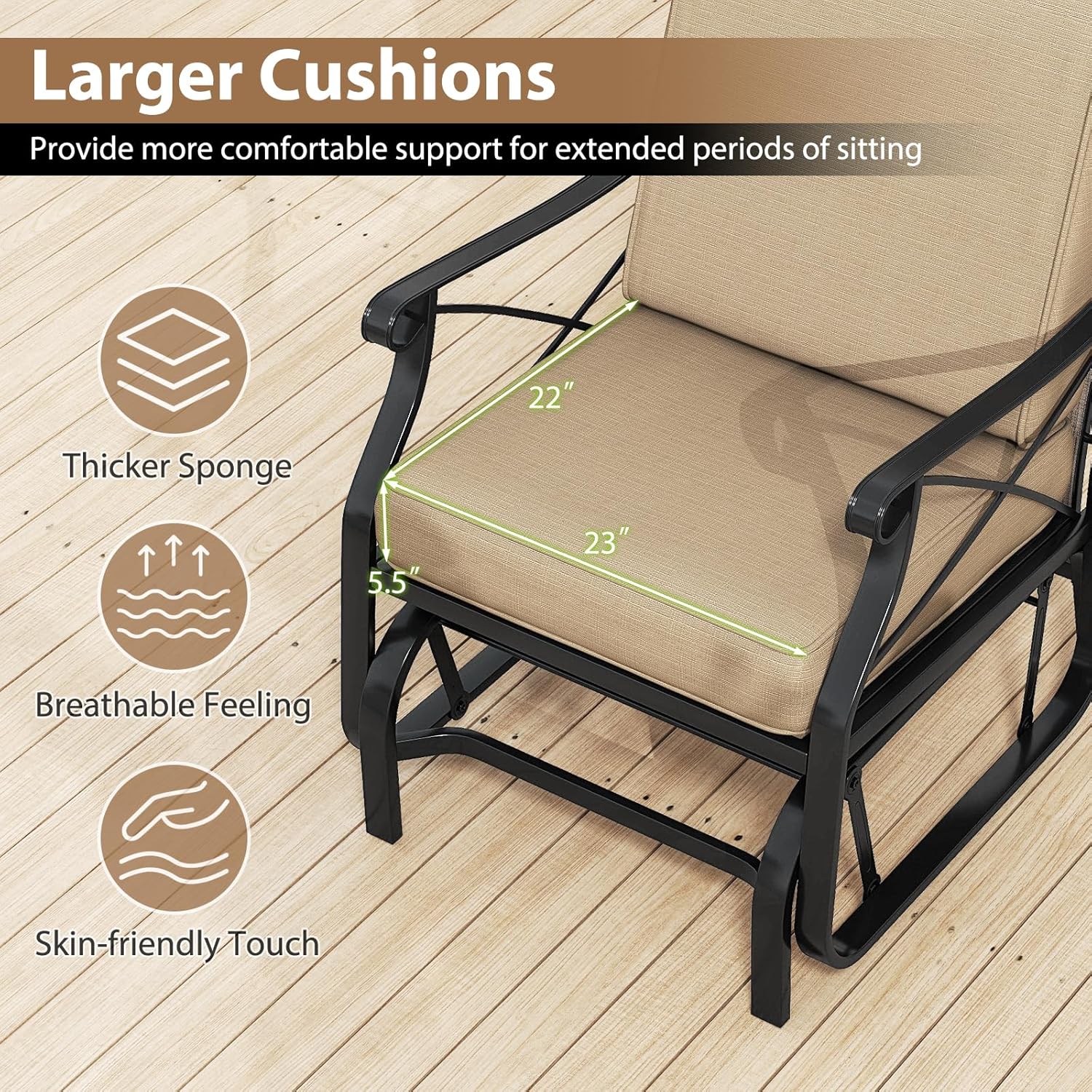 Tangkula Outdoor Glider Rocking Chair, Patio Gliding Chair Furniture with Metal Frame and Thick Cushions for Porch, Balcony, Garden and Yard (1 Pack)