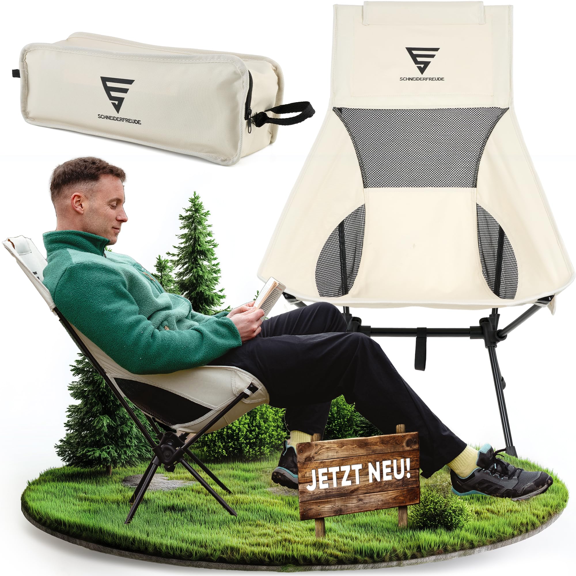 SCHNEIDERFREUDE EasyFold Pro – Premium Campingstuhl Faltbar – Ultrabequem, Stabil & Leicht – Klappstuhl mit Rückenbelüftung für Camping, Garten, Angeln & Outdoor