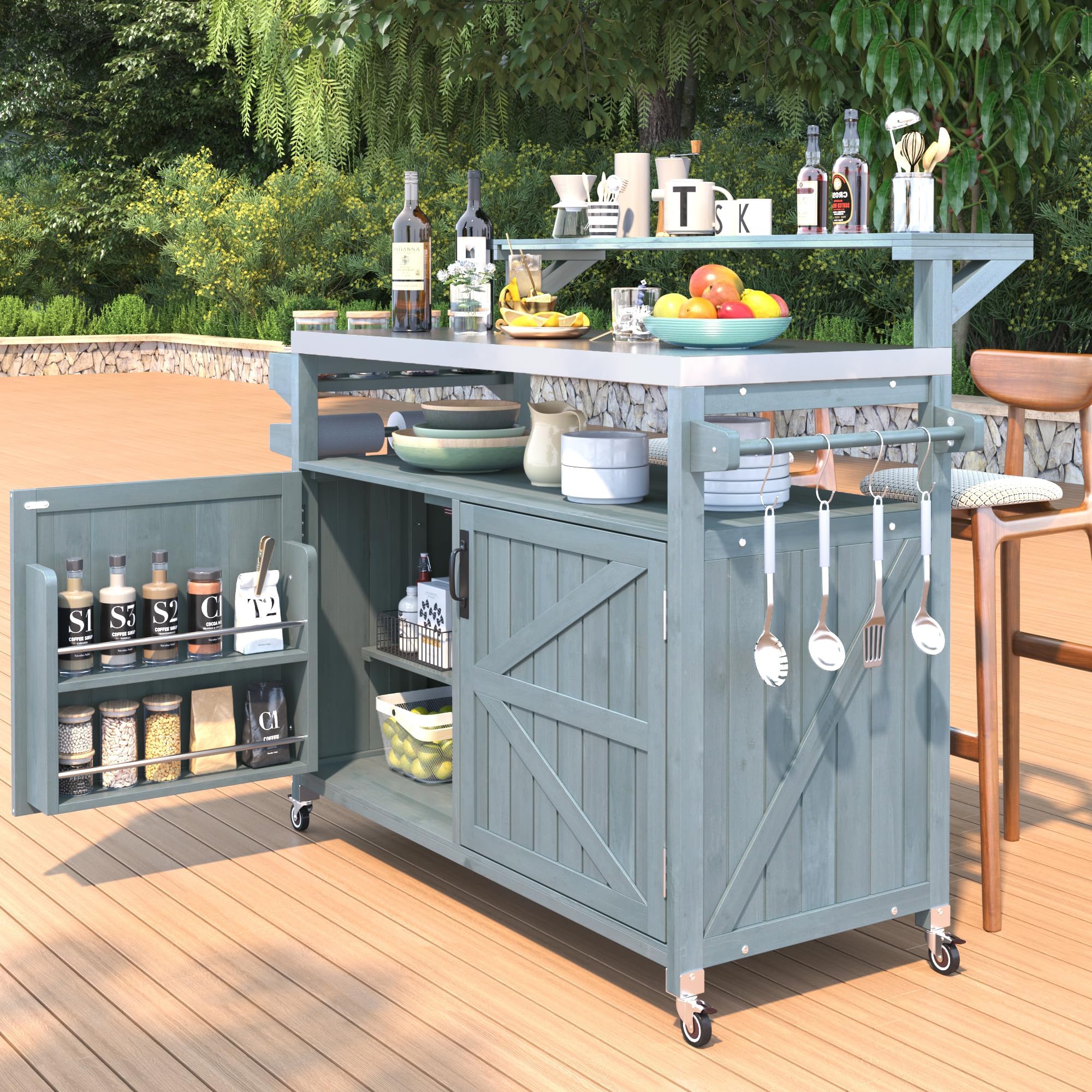 RUNNA Outdoor Kitchen Island with Raised Shelf,Solid Wood Storage Cabinet with Stainless Steel Top,Outdoor Rolling Grill Cart with Internal Storage Rack, Adjustable Shelf,Spice Rack (Grey+Blue#028)