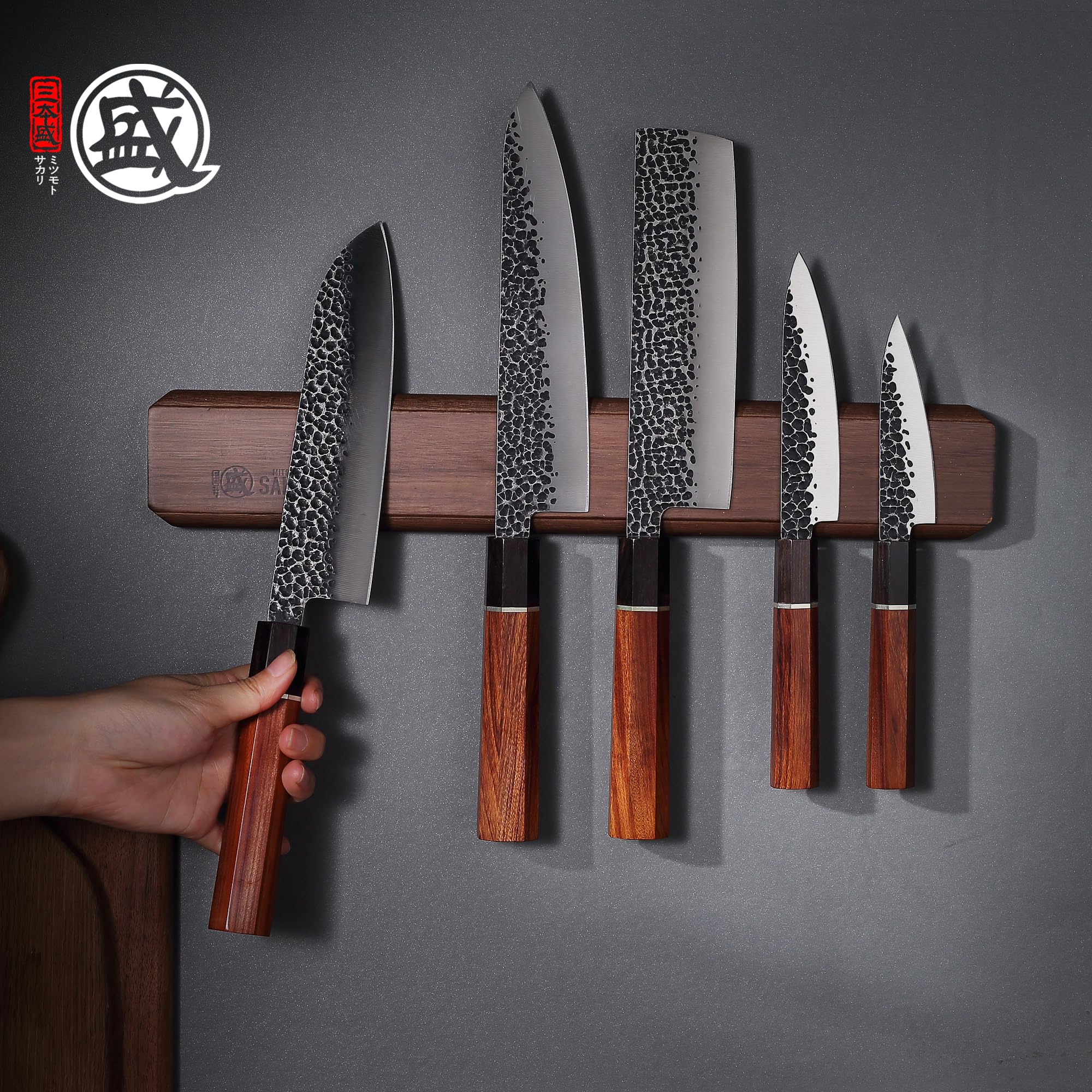 MITSUMOTO SAKARI Soporte Cuchillos Cocina Profesional, Iman para Cuchillos | 40 cm Madera Preciosa de Acacia Iman Cuchillos Cocina Japón, Porta Cuchillos Cocina Magnético de Madera Maciza de Doble Fila
