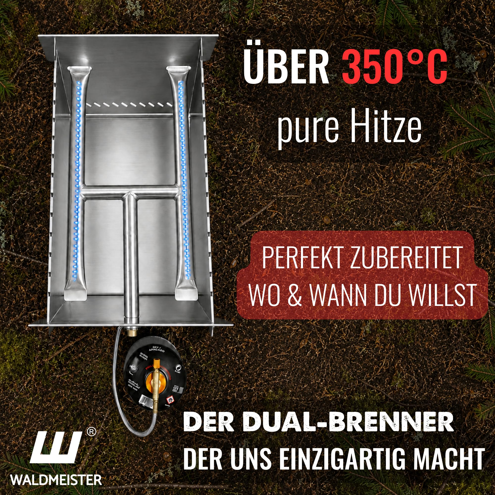WALDMEISTER BruzzLee mobiler Gasgrill klein | kompakter Camping Gasgrill mit 2 Brennern | Kompaktgrill steckbar | Tischgrill für Camping, Balkon, Outdoor