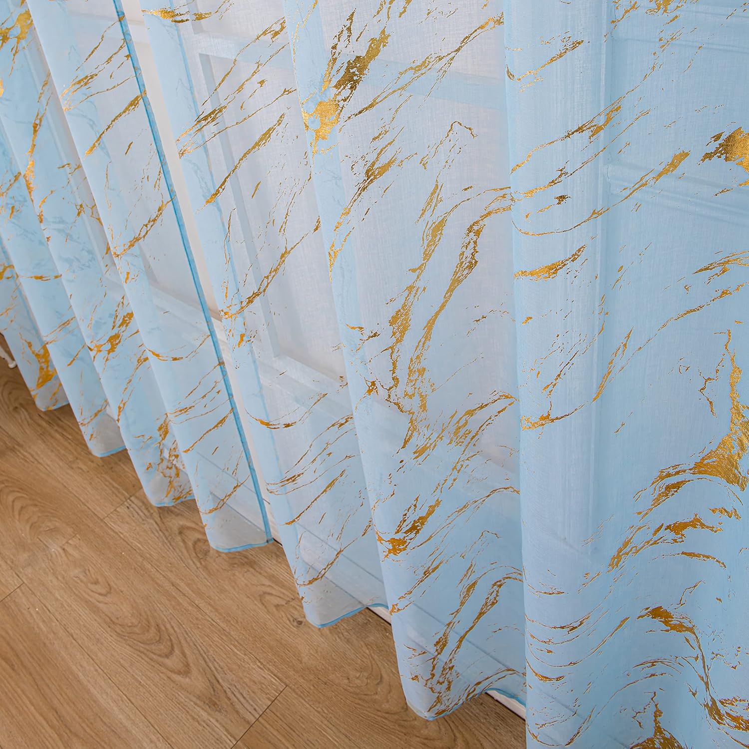 Sutuo Home Marble Sheer Curtains 84 Inch Length 2 Panels Set, Gold Print Metallic Bronzing, Privacy Window Treatment Abstract Drape Pair for Bedroom Kitchen Living Room 52" W x 84" L,Blue