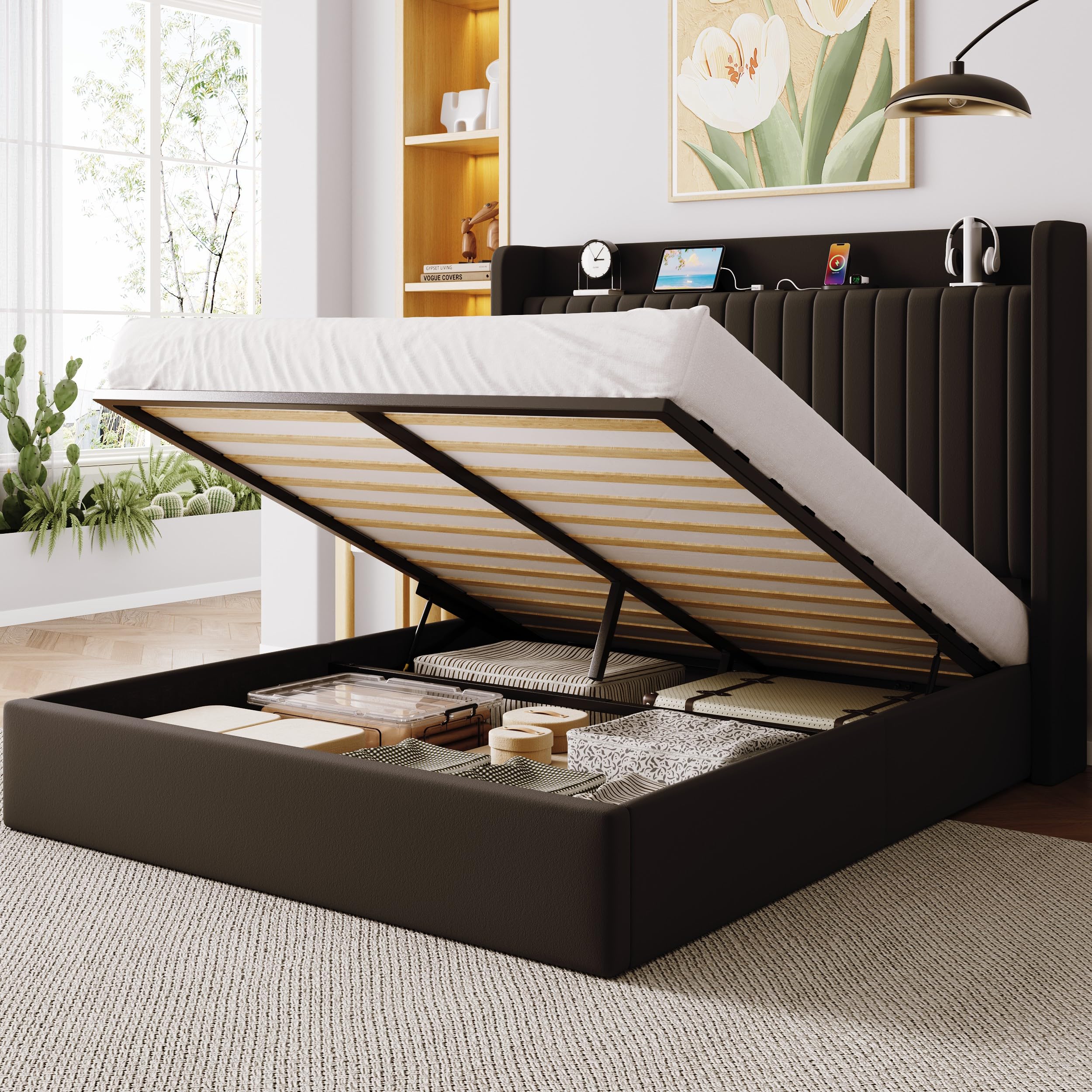 Allewie Queen Size Lift Up Storage Bed Frame,Storage Shelf Headboard with Charging Station,Type-C and USB Ports,Hydraulic Support,Velvet Upholstered