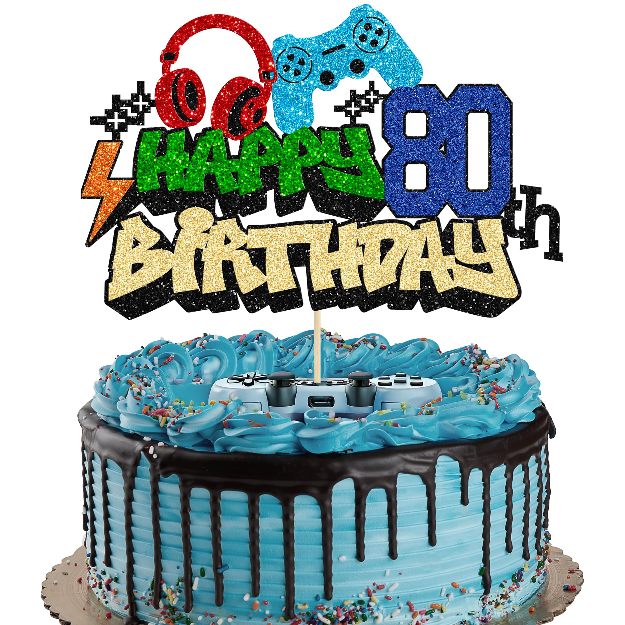 Gyufise 1Pcs Happy 80th Birthday Cake Topper Glitter Video Game Cake Pick Game On Controllers Eighteen Cheers to 18 Years Cake Decoration for Game Theme Happy 80th Birthday Party Supplies