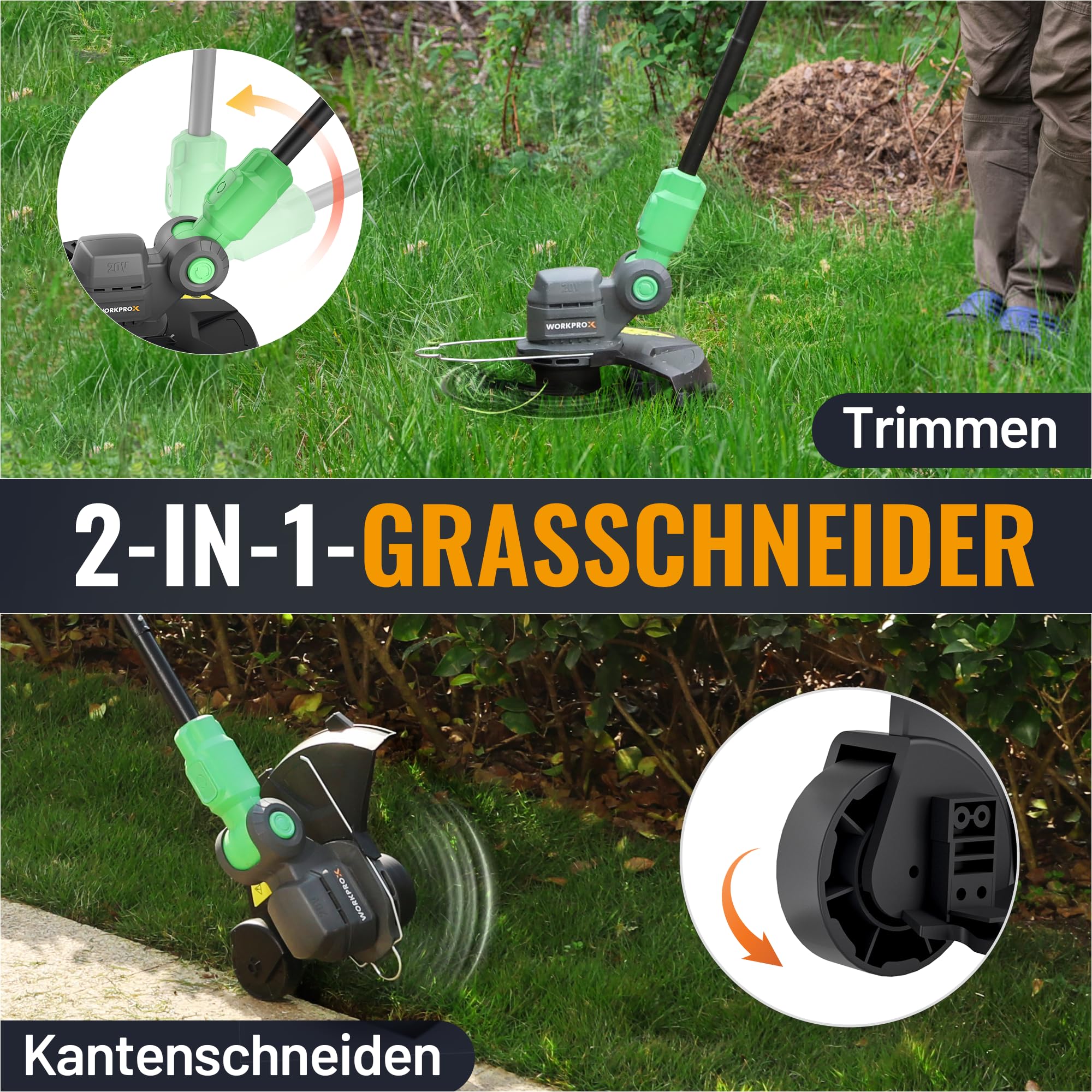 WORKPROX Akku Rasentrimmer 20V mit 4,0Ah Akku & Typ-C Ladekabel, 2-in-1 Kabelloser Rasenkantenschneide inkl. 2 x 5m Nylonfadenr, 30cm Schnittdurchmesser mit Drehbarer Trimmerkopf