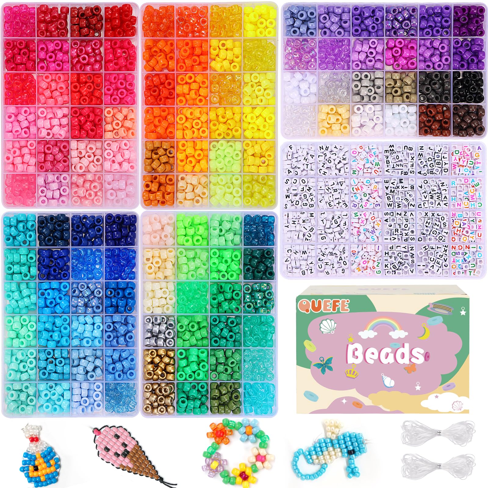 Quefe 3840-teiliges Pony-Perlen-Set für die Schmuckherstellung, 120 Farben, Kandi-Perlen-Set, Kettenherstellung, Geschenk und Basteln | 4700pcs Kandi Starter Kit Rave Beads Freundschaftsarmbänder mit Buchstabenperle Pony Perlen Kit für Anfänger