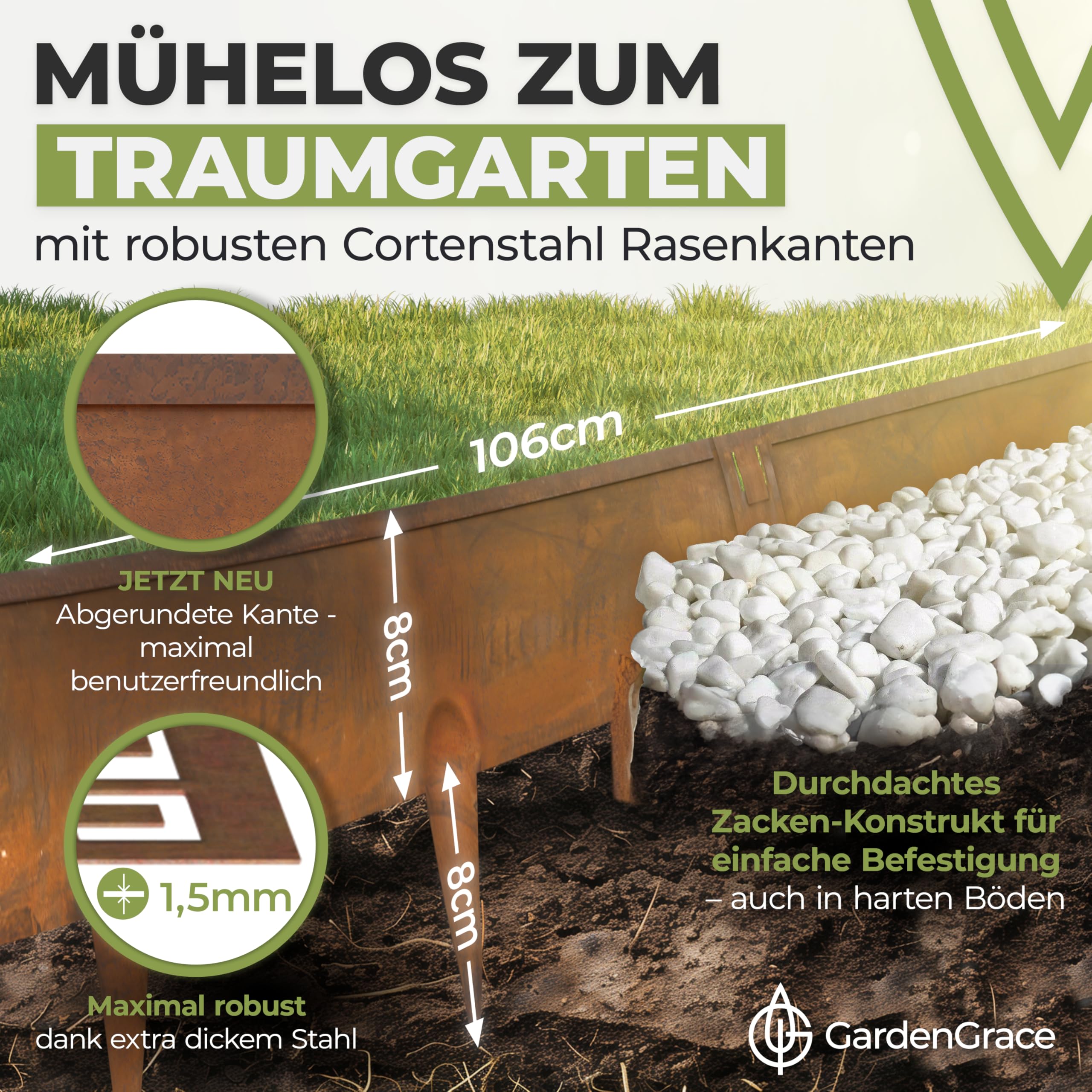 GardenGrace Cortenstahl Rasenkante mit runder Kante 5m x 1,5mm,16cm hoch - Premium Beeteinfassung Metall - Flexible Beetumrandung aus Edelrost Stahl für Garten| Rasenbegrenzung| (5)
